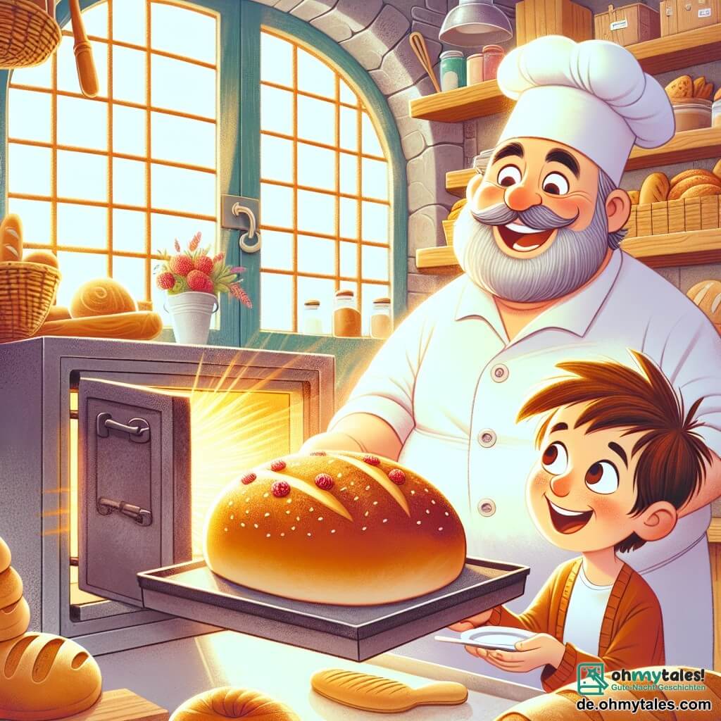 Ein fröhlicher Mann, der Bäcker Fritz, mit einem breiten Lächeln und einem runden Bauch, trägt ein weißes Hemd und eine Bäckerhaube. Er holt gerade ein goldbraunes Brot aus dem Ofen, seine Augen funkeln vor Stolz und Freude. Neben ihm steht ein kleiner Junge namens Max, etwa 7 Jahre alt, mit zerzausten braunen Haaren und neugierigen Augen, der fasziniert das Brot beobachtet. Er hält einen kleinen Teller, bereit, das Brot zu probieren. Die Szene spielt sich in einer charmanten Bäckerei ab, mit Holzregalen voller bunter Brote und Gebäck. Sonnenstrahlen fallen durch die Fenster und erhellen den Raum warm und einladend. Fritz und Max teilen einen Moment der Freude, während der Bäcker den Kindern erklärt, wie er Himbeeren in sein Spezialbrot eingearbeitet hat, was eine Atmosphäre von Entdeckung und Freundschaft schafft.