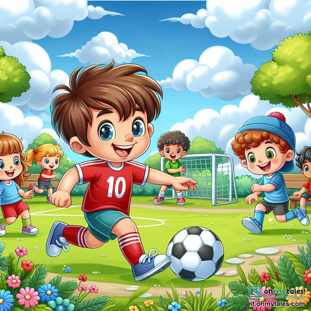 Un ragazzo di nome Marco, di circa 10 anni, è al centro dell'immagine. Ha i capelli castani disordinati, un sorriso splendente e indossa una maglietta rossa con il numero 10. Marco sta dribblando un pallone da calcio sul campo, con gli occhi pieni di gioia e determinazione. Intorno a lui, diversi bambini giocano. Una ragazza dai capelli ricci, di 9 anni, sta tentando un tiro in porta, con un'espressione concentrata e entusiasta. Un ragazzo con un cappello blu, di 8 anni, sta passando la palla a un altro bambino, ridendo di felicità. Il luogo è un parco verde, con un cielo azzurro chiaro e alcune nuvole bianche. Il campo è circondato da alberi maestosi e fiori colorati. Si possono vedere panchine di legno dove altri bambini e genitori guardano la partita sorridendo. La scena principale mostra Marco e i suoi amici in una partita di calcio, tutti divertendosi e condividendo risate, illustrando lo spirito di squadra e la gioia di giocare insieme.