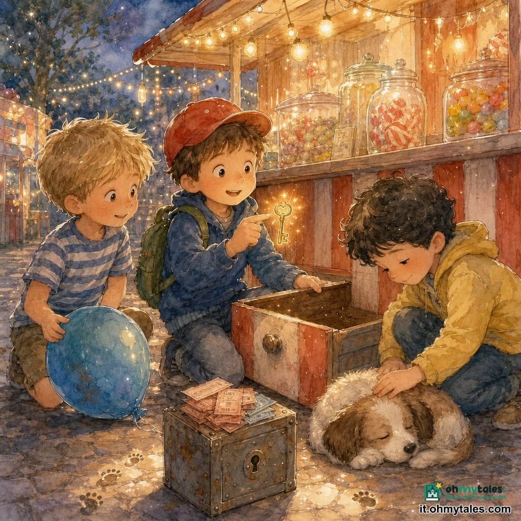 Ci sono tre bambini: Tommaso, 6 anni, capelli castani corti con cappellino rosso e piccolo zaino verde, è al centro inginocchiato vicino al cassetto aperto mostrando con un dito una chiave brillante; a sinistra Luca, 6 anni, capelli biondi spettinati, maglietta a righe blu e bianca, sorride guardando la chiave tenendo un palloncino azzurro leggermente sgonfio; a destra Pietro, 6 anni, capelli neri ricci, giacca giallo pallido, si china a carezzare un cagnolino addormentato ai loro piedi. Ambientazione: una bancarella di festa in legno dipinta di rosso e bianco con ghirlande luminose, barattoli di dolci, pacchi di biglietti e una scatola di metallo un po' arrugginita vicino al cassetto; pavimento lastricato leggermente fangoso con piccole impronte di bimbo. Situazione: i tre piccoli investigatori hanno appena aperto il cassetto del venditore e trovato la chiave del registro, sui loro volti si legge sollievo e curiosità; luce serale morbida e colori caldi della festa, la chiave riflette i lampioni.