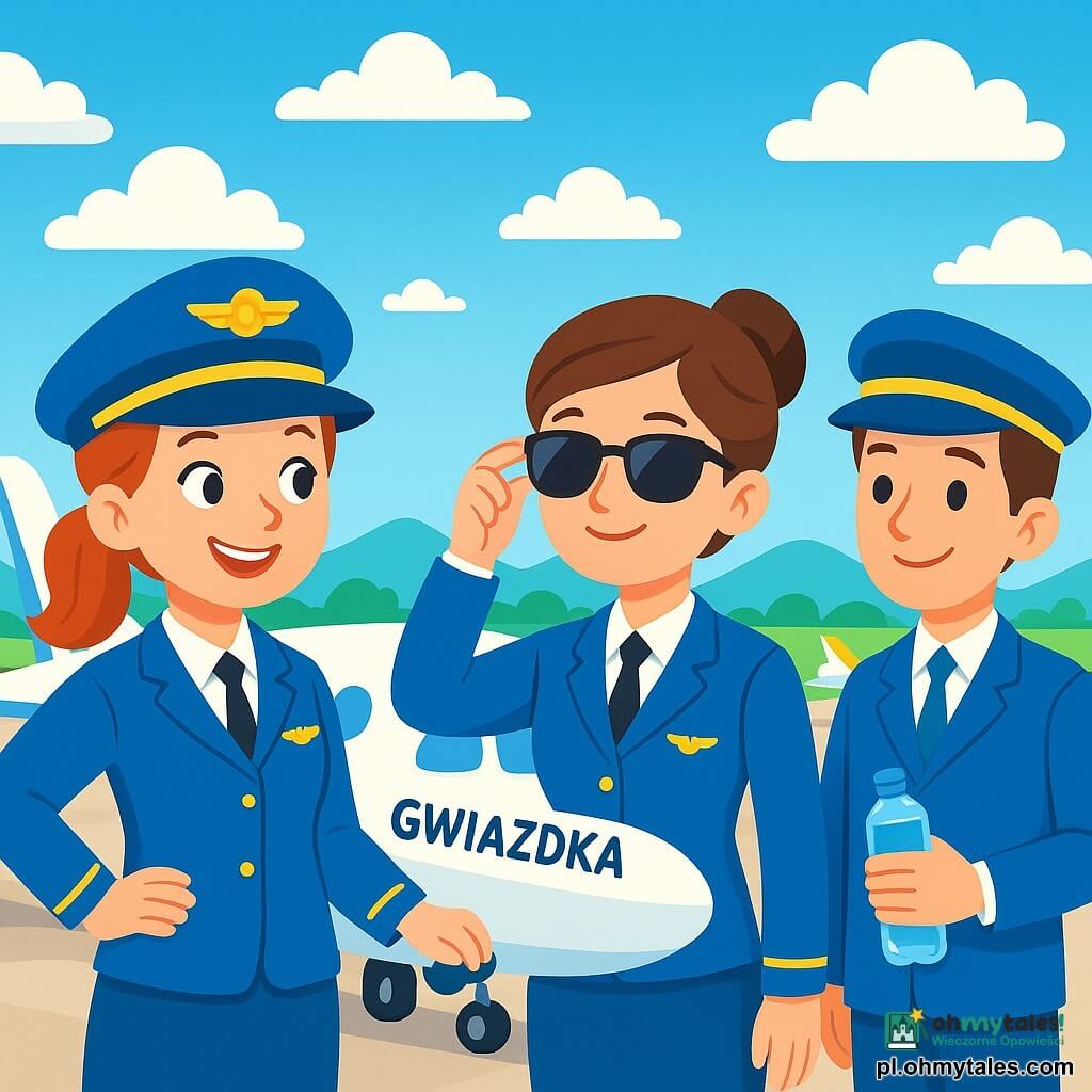 Młoda pilotka, Zosia, uśmiechnięta kobieta w wieku około 30 lat, nosi jasnoniebieski mundur z czapką ozdobioną złotym znakiem. Jej oczy błyszczą radością i ekscytacją, gdy stoi przed swoim samolotem, Gwiazdka, z determinacją na twarzy. Obok niej Ania, inna pilotka, 28-letnia kobieta z brązowymi włosami związanymi w kok, poprawia okulary przeciwsłoneczne i uśmiecha się, gotowa do startu. Młody chłopak, Kuba, 25-letni steward, podchodzi z butelką wody, z nieśmiałym i podziwiającym uśmiechem. Tło to słoneczne lotnisko, z białymi i kolorowymi samolotami ustawionymi na płycie, puchate chmury unoszą się na błękitnym niebie. W oddali widać zielone góry, które dodają magii scenie. Główna sytuacja pokazuje Zosię i Anię przygotowujące się do lotu, sprawdzające instrumenty samolotu i wymieniające porozumiewawcze uśmiechy, podczas gdy Kuba, nieco nerwowy, ale podekscytowany, obserwuje je, gotowy na swoją pierwszą przygodę jako członek załogi.