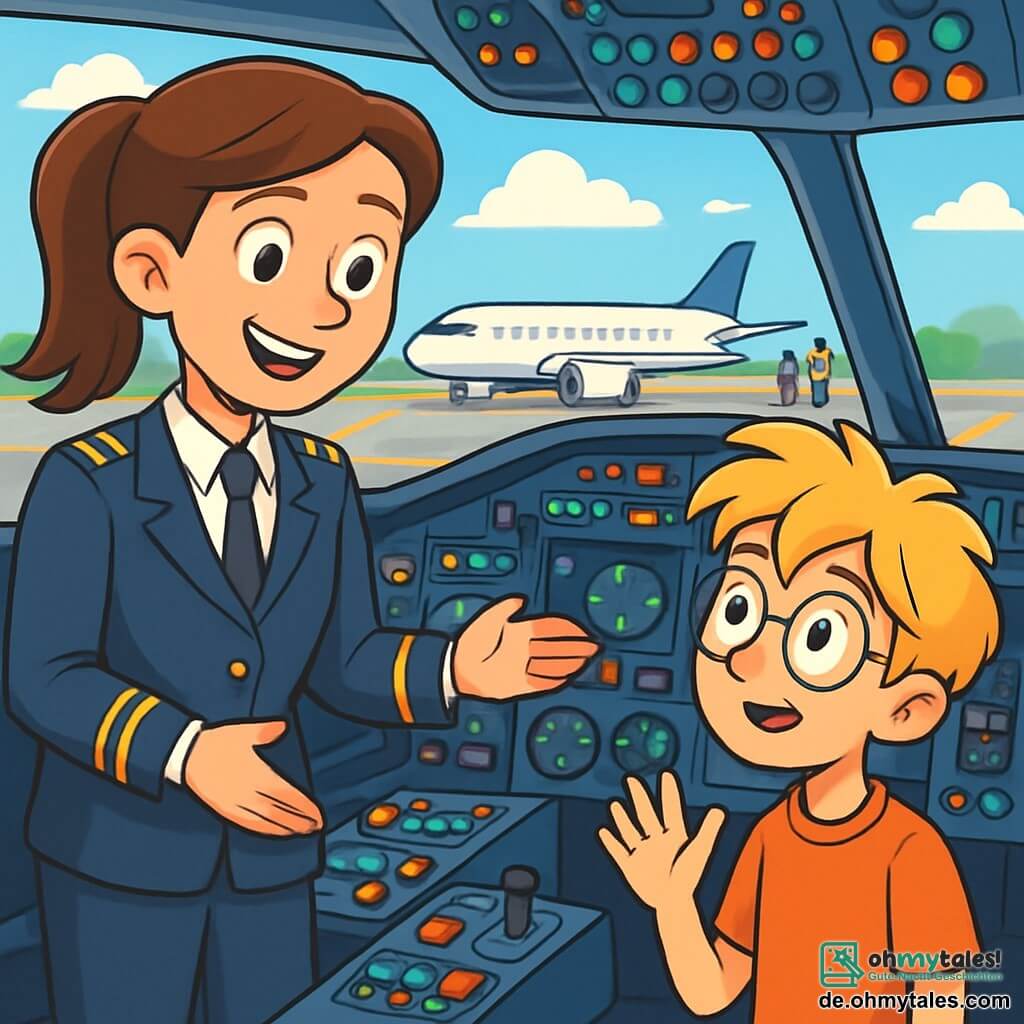 Eine Pilotin namens Lara steht mit einem breiten Lächeln in einer marineblauen Uniform mit goldenen Schulterklappen. Ihre braunen Haare sind zu einem ordentlichen Pferdeschwanz gebunden, und ihre Augen strahlen vor Aufregung. Sie steht vor einem Cockpit und zeigt den Kindern die Steuerungen. Neben ihr steht ein 10-jähriger Junge namens Ben mit runden Brillen und zerzausten blonden Haaren, der neugierig die Hand hebt und aufmerksam zuhört. Er steht etwas zurückgezogen auf der Plattform, aber sehr konzentriert auf Laras Erklärungen. Das Cockpit ist mit bunten Knöpfen, leuchtenden Bildschirmen und einem großen Fenster ausgestattet, das einen blauen Himmel mit weißen Wolken zeigt. Im Hintergrund sind parkende Flugzeuge und Techniker zu sehen, die arbeiten. Lara erklärt begeistert, wie man ein Flugzeug steuert, während die faszinierten Kinder mit weit aufgerissenen Augen jedes Detail beobachten, bereit für einen unvergesslichen Moment.