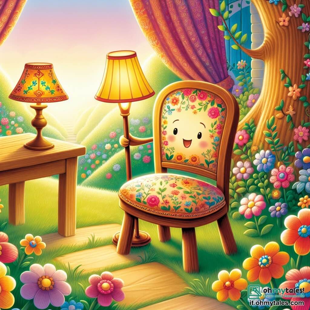Un personaggio principale, una piccola sedia di legno con un bel cuscino colorato, si erge orgogliosamente al centro di un giardino fiorito, mostrando un'espressione di determinazione e gioia. Le sue quattro gambe robuste sono ben salde nel terreno, e il suo cuscino è decorato con motivi floreali vivaci. Accanto a lei, un personaggio secondario, un grande tavolo di legno, con una superficie liscia e bordi arrotondati, sorride calorosamente mentre racconta una storia affascinante. È leggermente inclinato verso Sedia, incoraggiandola con occhi scintillanti di entusiasmo. Un altro personaggio secondario, una lampada dallo stile vintage, illumina la scena con una luce morbida e calda, posizionata in un angolo del giardino, i suoi paralumi colorati illuminano i fiori con tenerezza. Mostra un'espressione benevola, sostenendo Sedia nella sua avventura. Il luogo è un giardino incantevole, pieno di fiori multicolori, grandi alberi danzanti e un cielo blu splendente. Farfalle volteggiano attorno ai fiori, aggiungendo un tocco di magia all'atmosfera. La situazione principale mostra Sedia, circondata dai suoi amici, mentre prepara una magnifica decorazione floreale per una grande festa, dimostrando che anche una piccola sedia può realizzare cose straordinarie unendo le forze con i suoi amici.