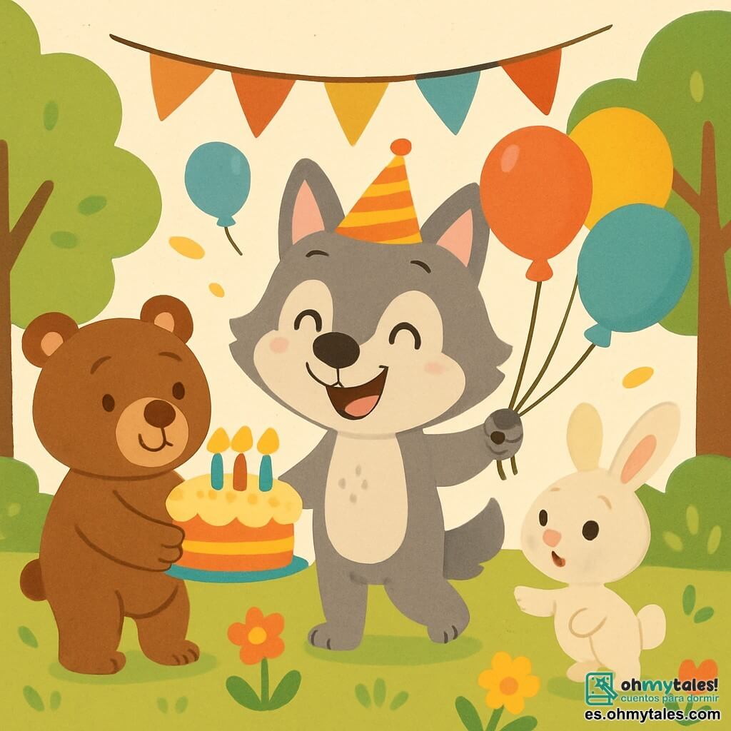 Un lobo lindo y alegre, con pelaje gris y ojos brillantes, está en el centro de la escena, sonriendo ampliamente mientras sostiene globos de colores y lleva un pequeño sombrero de fiesta de papel. A su derecha, un adorable conejito blanco con grandes orejas, con una expresión curiosa, mira al lobo mientras salta sobre sus patas traseras. A la izquierda, un oso marrón, robusto y amigable, sonríe sosteniendo un gran pastel decorado con velas, listo para compartir. La escena tiene lugar en un claro soleado, rodeado de árboles verdes y flores coloridas, con rayos de sol filtrándose entre las hojas, creando un ambiente alegre y festivo. El lobo y sus amigos celebran un cumpleaños, rodeados de globos flotantes y guirnaldas, listos para cantar y disfrutar del pastel juntos.