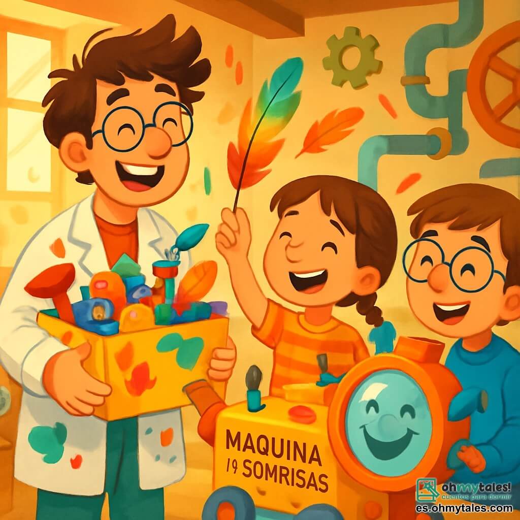 Un hombre llamado Martín, con el cabello despeinado y gafas redondas, sonríe alegremente mientras sostiene una gran caja colorida llena de gadgets. Lleva una bata de trabajo manchada de pintura y parece emocionado, con los ojos brillantes de entusiasmo. A su lado, una niña de 8 años, Lucía, con cabello castaño trenzado y una camiseta a rayas, ríe mientras sostiene una pluma colorida, lista para añadirla a la máquina. Un niño de 7 años, Tomás, con gafas y un suéter azul, observa atentamente el espejo de la máquina, con una gran sonrisa en su rostro. La escena se desarrolla en un taller luminoso, lleno de ruedas, tubos y cajas misteriosas, con rayos de sol que filtran a través de la ventana, iluminando los colores vivos de los materiales. Martín y los niños están construyendo una máquina de sonrisas, rodeados de plumas flotantes y risas, mientras la máquina comienza a girar y a emitir sonidos alegres.