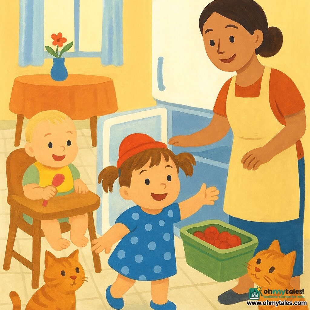 A joyful, proud 2-year-old girl with light brown hair in short pigtails, wearing a small hat and a blue polka-dot dress, reaches into the bottom of a slightly open white fridge to a cold container of berries; a gentle-smiling mother in her 30s with tied brown hair and a pale apron stands nearby with a hand on the door; a chubby happy baby boy (Leo), 6–9 months with fine blond hair, sits in a high chair holding a small pink spoon stained with berry juice; a curious ginger tabby cat (Nori) sits on the floor paw raised watching; bright, warm kitchen with light tiles, a wooden table and soft window light, tender and playful mood with berry stains and a triumphant little detective.