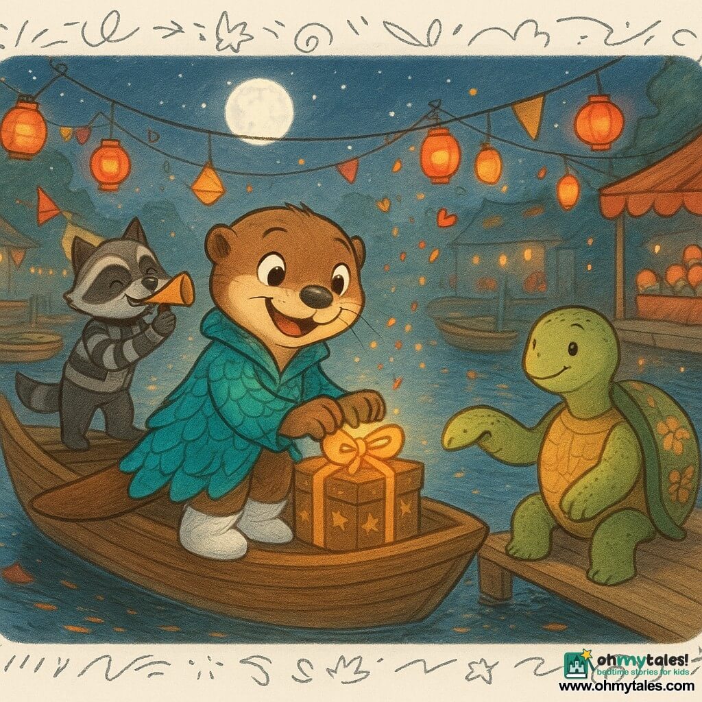 Milo, a joyful curious anthropomorphic otter with bright eyes and a mischievous smile, wears a shimmering teal ribbon-scaled coat and cloud-white boots, crouched on the bow of a small wooden boat tying a glowing decorative knot; Tilly, a calm kind-faced turtle with a floral-painted shell, stands on a dock plank beside the boat watching proudly with a foot on the edge; Patch, a playful raccoon in a striped jacket and dark mask, is on a neighboring boat blowing a paper trumpet and tossing confetti; Poppy, a chubby black-and-white penguin in a suit, smiles on a wooden bridge above the canal while sketching a music score; the scene is a lively twilight canal carnival with moonlit shimmering water, boats lined with paper lanterns and banners, candy stalls and floating confetti, warm festive atmosphere.