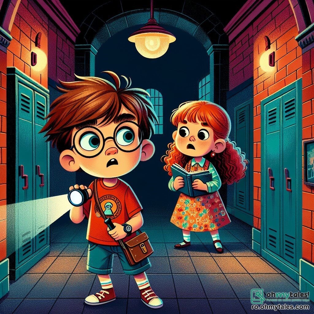 Un băiat de 8 ani, pe nume Vlad, cu părul castaniu ciufulit și ochelari rotunzi, se uită în jur cu ochii mari și curioși, ținând o lanternă mică într-o mână și un carnet de detectiv în cealaltă. Poartă un tricou roșu cu un desen de lupă și o pereche de pantaloni scurți din blug. Aproape de el, colega sa de clasă, Ana, o fetiță de 7 ani cu părul lung și creț, poartă o rochie cu flori și observă atent un colț întunecat al holului, cu sprâncenele încruntate, ca și cum ar căuta indicii. Ancheta lor are loc într-o școală veche, cu pereți din cărămidă roșie, holuri lungi și înguste, iluminate de lămpi îngălbenite, și dulapuri din metal care scârțâie ușor. Vlad și Ana se află într-un hol întunecos, unde tăcerea este palpabilă, căutând indicii pentru a găsi clopoțelul dispărut, cu o atmosferă de mister și aventură.