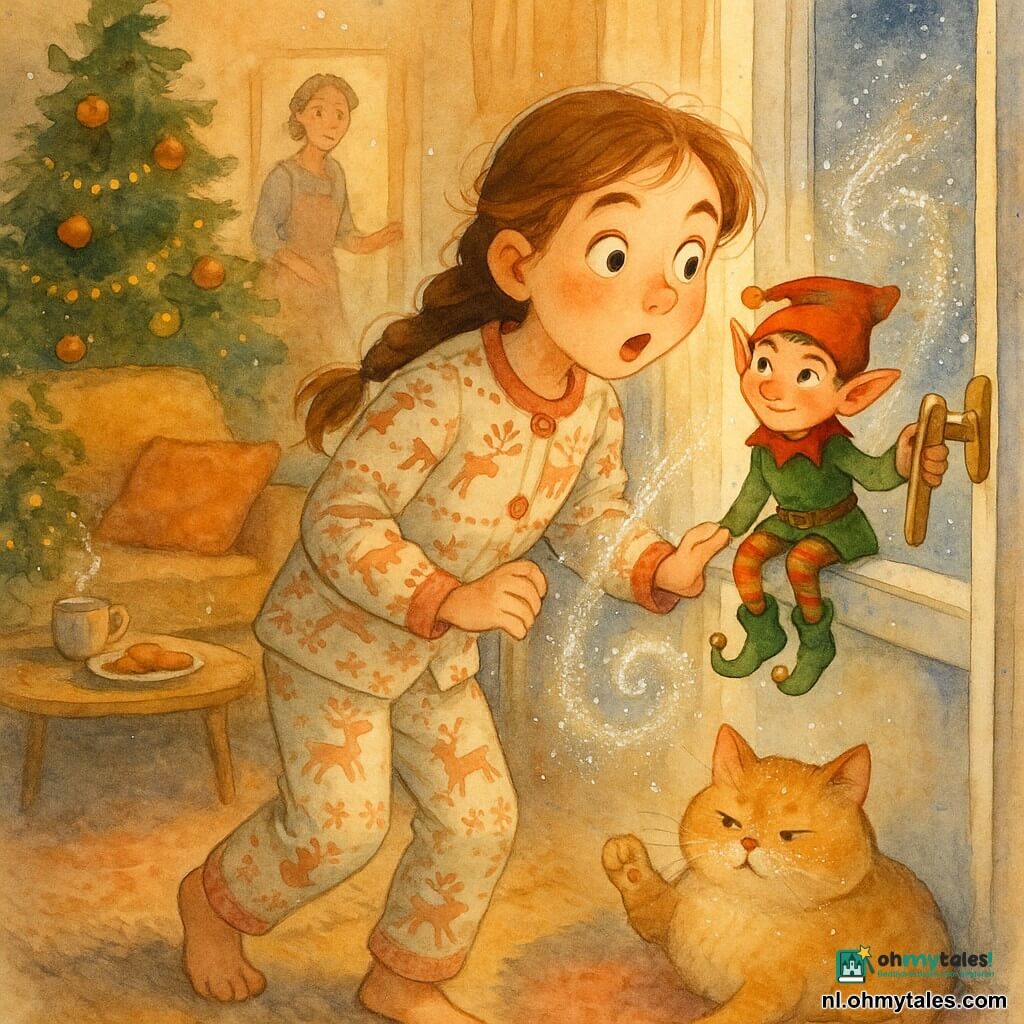 Hoofdpersonage: 10-jarig meisje, verbaasd en verwonderd, grote ogen, rossige wangen, lichtbruin haar in losse vlecht, kerstpyjama met rendiermotief, handen op de raamklink, voorovergebogen; bijpersonage: klein mannelijk elfje (Flik), ondeugend gezicht, lichte blos, groen-rode kleren en rood mutsje, belletjes aan de laarsjes, op de raamklink naast het meisje; bijpersonage: ronde, pluizige kat op het vloerkleed bij de bank, halfgesloten ogen, poot opgetild; bijpersonage: volwassen vrouw (moeder, ~30–40), zachte silhouet, schort, deur van de keuken op een kier, vriendelijke nieuwsgierige blik; locatie: warme kerstwoonkamer met amberkleurig licht, versierde kerstboom links, gezellige bank met kussens, salontafel met koekjes en mok warme chocolade, gordijnen dicht, houten vloer; situatie: zilver- en goudkleurige glitter-“sneeuw” waait naar binnen door het raam, spatten van verf om beweging te suggereren, vonkjes rond het elfje, magische huiselijke sfeer, compositie gefocust op het meisje en het elfje, kruisende blikken en bevroren gebaren.