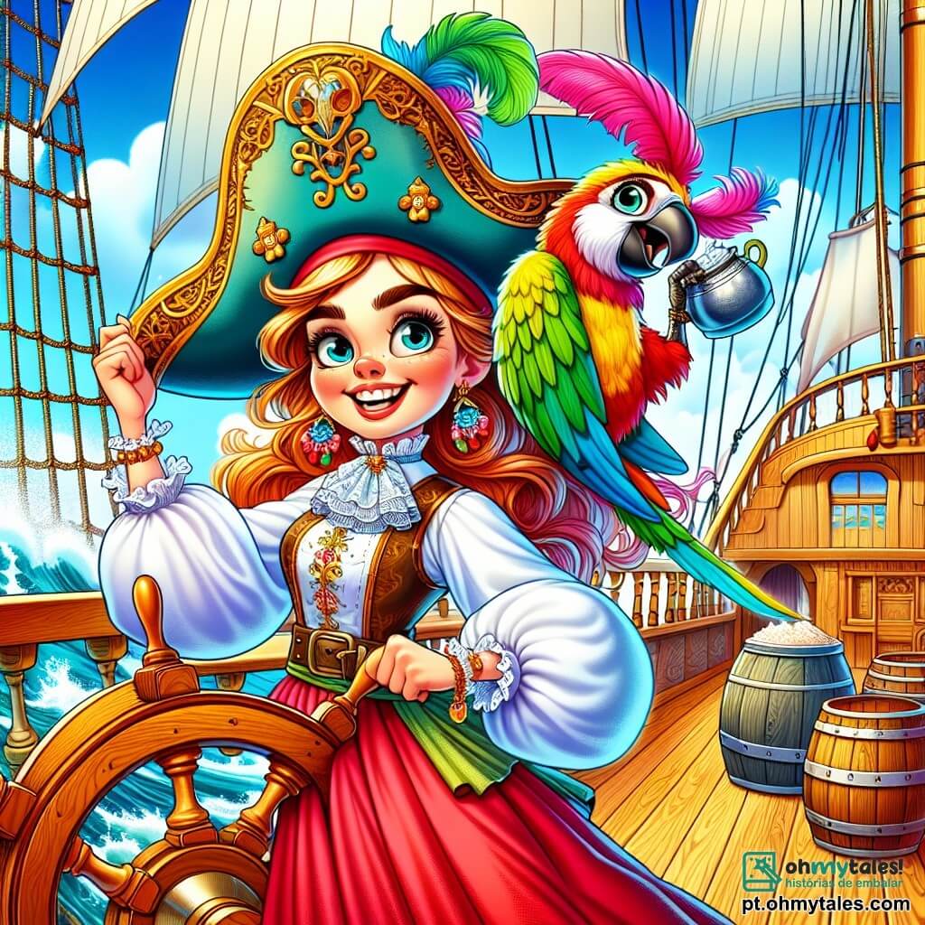 A Capitã Mariana, uma mulher corajosa de cerca de trinta anos, está orgulhosamente no convés do navio Estrela-do-Mar, com um grande chapéu adornado com penas coloridas. Seu rosto brilha com um sorriso determinado, seus olhos radiantes de alegria e emoção. Ela usa uma camisa branca com bordados dourados e uma saia vermelha esvoaçante, enquanto segura firmemente o leme do navio. Ao seu lado, Zeca, um papagaio colorido com penas verdes e amarelas, está empoleirado no mastro, gritando piadas de forma travessa. Mais abaixo, Barba-de-Sabão, um homem jovial de cerca de quarenta anos com uma barba espessa, jongla desajeitadamente com potes de farinha, rindo de sua própria desastrada. A cena acontece no convés de madeira do navio, com velas brancas infladas pelo vento e ondas turquesa salpicando a borda do navio. Ao fundo, um céu azul vibrante está salpicado de nuvens brancas fofas. A situação principal mostra a Capitã Mariana, pronta para navegar em busca de aventura, enquanto o navio corta as ondas com entusiasmo, cercado pela empolgação de sua tripulação e pela promessa de um tesouro a ser descoberto.