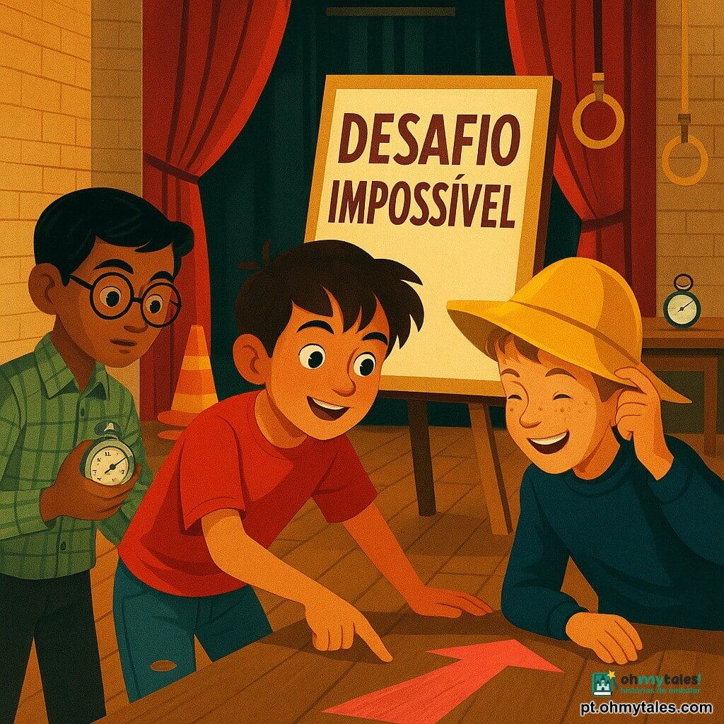 Três meninos de 11 anos: Miguel (rosto redondo, cabelo castanho bagunçado, camiseta vermelha, jeans com um rasgo) no centro apontando para uma grande seta no chão; Ravi (rosto anguloso, pele morena, óculos redondos, camisa xadrez verde) à esquerda, segurando um cronómetro e olhando atentamente para um chapéu de chuva; Tomás (sardento, cabelo loiro curto, sweater azul-marinho) à direita, rindo e tocando a aba do chapéu de chuva amarelo aberto. Cena num ginásio escolar de paredes de tijolo claro e chão de madeira com faixas brancas e uma seta grande em giz rosa fluorescente; ao fundo cortinas vermelhas, cordas penduradas, cones laranja empilhados e uma mesa com um apito branco, um cronómetro e o chapéu de chuva amarelo. Os três descobrem um clube secreto reunidos em torno do chapéu e de um painel que anuncia um “desafio impossível”, atmosfera misteriosa e alegre, luz quente com contrastes art déco para realçar aventura e humor.