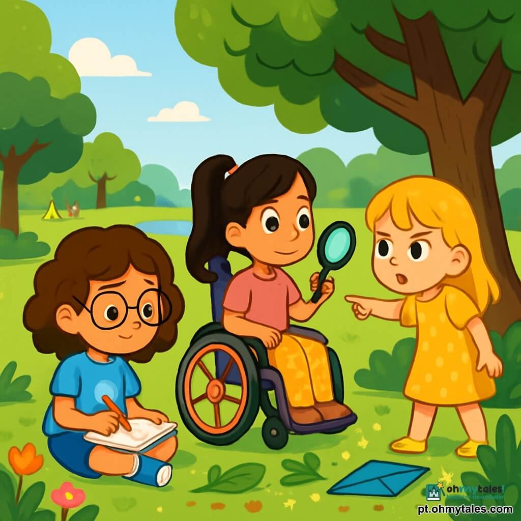 Há 3 personagens: Sofia, uma menina de 8 anos com cabelos cacheados e castanhos, usando óculos redondos, uma camiseta azul com desenho de nuvem e um short jeans, está desenhando em um caderno, sentada na grama; Bia, também de 8 anos, com cabelos lisos e longos presos em um rabo de cavalo, em uma cadeira de rodas colorida, vestindo uma camiseta rosa e calças floridas, observa atentamente com uma lupa na mão; Lara, outra menina de 8 anos com cabelos loiros e franja, vestida com um vestido amarelo de bolinhas, está em pé apontando para uma grande árvore com um olhar determinado. A cena se passa em um parque ensolarado, repleto de vegetação, com árvores majestosas e flores coloridas. As três amigas estão em uma investigação, procurando pistas para encontrar uma pipa azul desaparecida, examinando o chão com expressões concentradas, cercadas por folhas e pequenos objetos brilhantes, prontas para resolver o mistério.