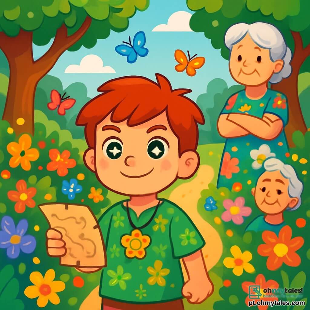 Teo, um garoto de dez anos com olhos brilhantes como estrelas, está no centro de um caminho florido, seu rosto iluminado por uma determinação alegre. Ele usa uma túnica verde decorada com padrões de flores e um amuleto de pétalas douradas ao redor do pescoço, segurando um pequeno mapa do tesouro na mão. Sua avó, uma mulher idosa com cabelos prateados e um sorriso suave, está na entrada do reino, com os braços cruzados, olhando para Teo com orgulho e preocupação. Ela veste um vestido colorido que lembra as flores do jardim. O lugar é um magnífico jardim encantado, repleto de flores vibrantes de todas as cores, com árvores majestosas de troncos retorcidos e borboletas multicoloridas voando ao redor. Ao longe, vê-se um céu azul salpicado de nuvens fofas. Teo se prepara para escolher seu caminho, determinado a encontrar a Chave de Cristal para salvar o Reino das Flores Encantadas, enquanto a magia do lugar parece vibrar ao seu redor, cheia de esperança e aventura.