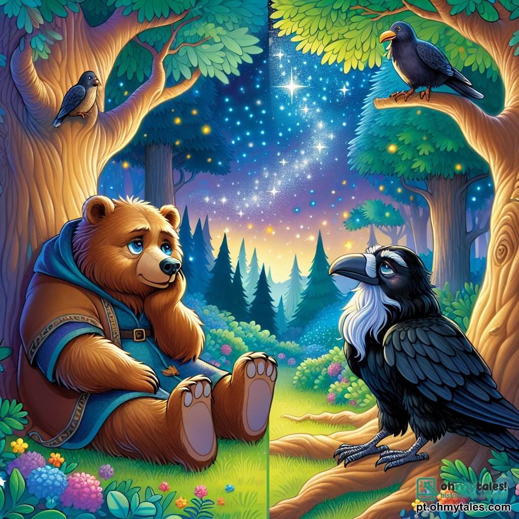 Um urso pardo, chamado Tomé, com pelagem suave e sedosa, sentado sob um grande carvalho, com os olhos brilhantes de tristeza e nostalgia, olha para o céu estrelado. Ao seu lado, um velho corvo negro, chamado Gaspar, com penas brilhantes e um olhar sábio, está pousado em um galho, exibindo uma expressão reconfortante, pronto para ouvir Tomé. O local é uma floresta mágica, banhada em uma luz suave e dourada, com árvores majestosas de folhas verdes vibrantes e um tapete de flores coloridas. A situação principal mostra Tomé compartilhando suas memórias de um amigo perdido, com as estrelas cintilando acima deles, criando uma atmosfera ao mesmo tempo melancólica e cheia de esperança.