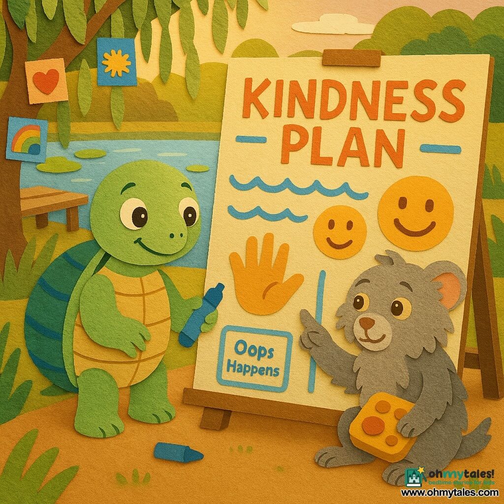 Pebble, a small turtle with round soft eyes and a green shell striped with blue, smiles reassuredly while holding a blueberry-scented blue marker and facing a large colorful poster; Moss, a small gray-furred companion with hazel eyes, sits to Pebble’s right using a talking device with big yellow buttons and points to the poster. In an outdoor classroom by a pond with wooden benches, lily pads and a weeping willow, the two complete a “kindness plan” on the poster—drawn waves, smiles, gestures and a small “Oops Happens” box with a drawn button—rendered in bright colors with cut-paper textures and soft late-afternoon light.