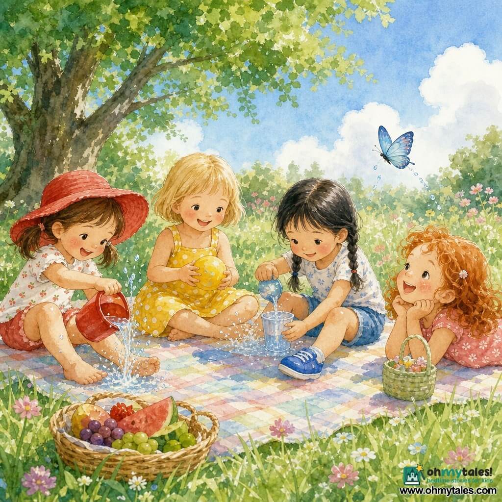 Four 5-year-old girls play on a pastel check picnic blanket in a sunny summer garden: Mia, with brown pigtails and a wide red hat, sits left pouring water from a small red bucket over her feet; Ella, with short blonde hair in a yellow polka-dot dress, sits center-left smiling at a yellow ball; Zoe, with black braided hair, denim shorts and bright blue shoes, sits center-right filling a cup with water; Lily, with curly red hair and a small green basket, lies on the right laughing as she watches a blue butterfly; soft green grass with pink and white wildflowers, a large shady tree, sliced fruit in a small basket beside them, sparkling controlled water splashes, luminous watercolor colors, soft outlines and light artistic splashes around the water motions.