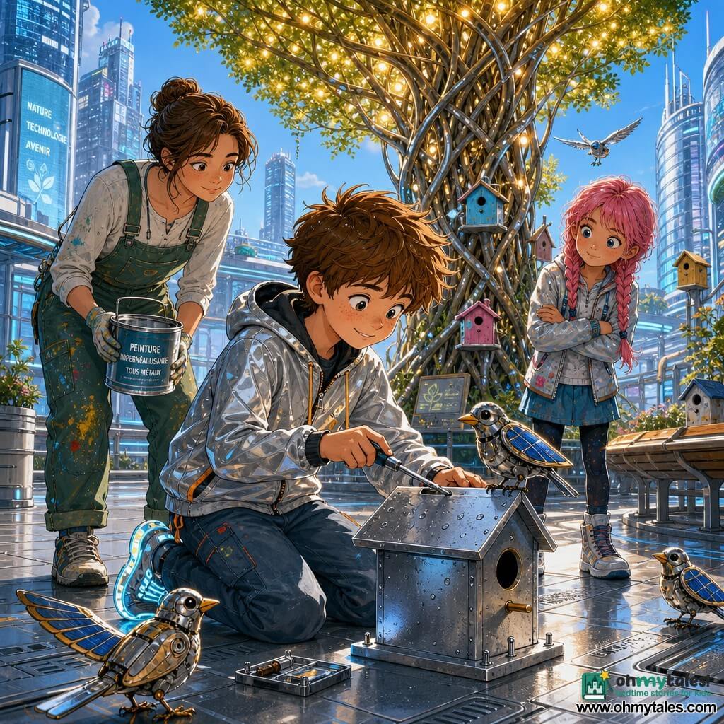 A 10-year-old boy with a round freckled face and short tousled chestnut hair, smiling with hopeful bright eyes, kneeling to repair a small metal birdhouse with a screwdriver, wearing a silver hooded jacket and light-up sneakers; a girl of about 10 with pink hair in two braids, curious expression and crossed hands, standing to his right watching mechanical birds; an adult gardener (woman, ~35) with fair skin and paint-stained green overalls holding a waterproofing paint pot, leaning behind the boy ready to help; setting: a large elevated urban plaza lined with glass towers, metallic paving, curved benches, planters and integrated rails, centered on a woven-trunk "digital tree" with glowing leaves; scene: the boy fixes a birdhouse hung on a low branch while several solar-winged mechanical birds perch nearby, warm soft light from the tree, a few colorful birdhouses already installed and dried raindrops on the metal; style: colored-ink illustration with clean lines and crisp contours, vivid palette of silvers, blues and greens, metallic textures and light reflections, centered composition, gentle optimistic mood.