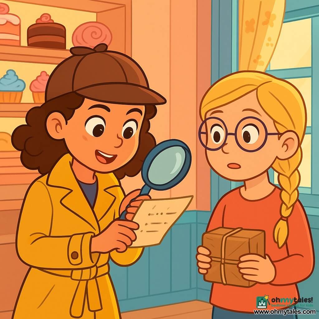 Amelia Sparks, a young detective with curly brown hair and sparkling eyes, stands at the center of the scene, closely examining a mysterious note with a magnifying glass. She wears a bright yellow trench coat and a detective hat, displaying a determined and excited expression. Next to her, Clara, a 12-year-old girl with braided blonde hair and round glasses, watches with a mix of nervousness and hope, holding a small package in her hands. The setting is a charming bakery, with shelves filled with colorful pastries, pastel-painted walls, and windows adorned with floral curtains. The atmosphere is warm and inviting, with golden rays of light filtering through the glass. The main situation shows Amelia discovering the note hidden between the pages of a recipe book, while Clara, visibly anxious, prepares to reveal her secret. The ambiance is filled with mystery and anticipation, with captivating visual details that draw the eye and spark the imagination.