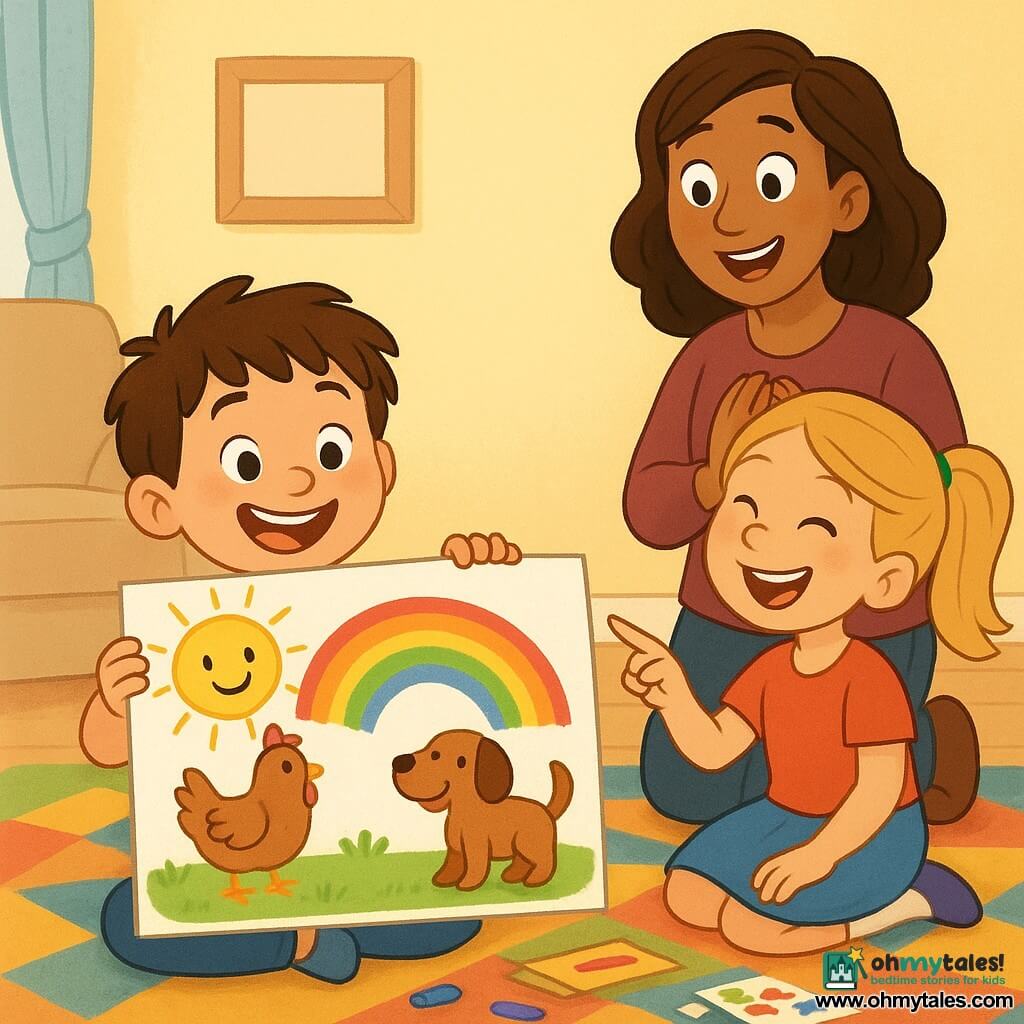 A joyful 4-year-old boy with messy brown hair sits cross-legged holding a large colorful drawing of a smiling sun while his ~6-year-old sister with a blonde ponytail sits beside him laughing and pointing at a rainbow on the picture; their mother in her thirties stands behind them, smiling with hands to her chest, in a warm bright living room with a craft box and scattered supplies and a pastel wall with an empty frame; bright colors, round simple shapes, naive playful style.