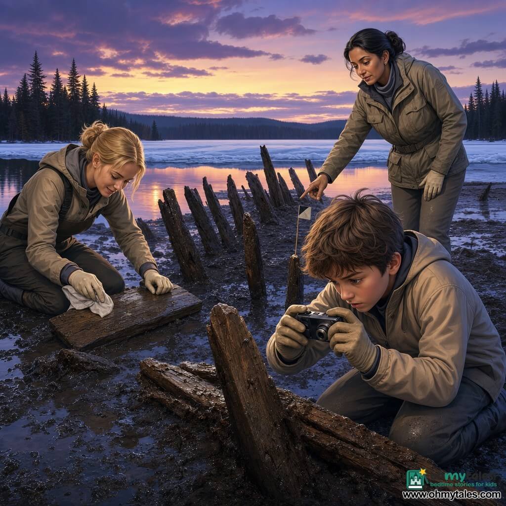 A focused 12-year-old boy with tousled brown hair and a slightly anxious expression kneels in dark muddy lakeshore, wearing beige gloves and a dusty beige coat, taking close-up photos with a compact camera—tight framing on his gloved hands and an ancient wooden object; behind him stands Dr. Sayeed, about 45, hair in a bun, calm and professional in a khaki field jacket, gently pointing at a partially buried wooden post with a small survey flag; to the left, Lani, about 28, blonde hair tied back, smiles while carefully brushing a wooden plank wrapped in a wet cloth, knees on the ground and movements slow and precise; the scene at dusk shows tilted rows of wooden posts emerging from the mud, melting ice, dark pines and black reflective water under a purple-orange sky, conveying a cautious, respectful atmosphere focused on wet textures, soft damp light, gloved fingers, camera, the protected plank and survey flags.