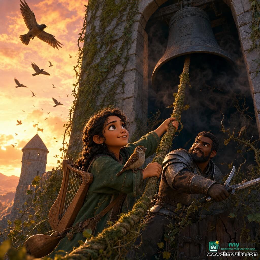 The main character is Elowen, a soft-featured, focused woman with bright, calm courageous eyes; she wears a simple worn green coat, a small light-wood harp on her back, and strains at a thick bell-rope mottled with moss. A secondary character, Sir Bram, a bearded adult man (30–40) with callused hands and dented simple armor, stands behind her cutting thorny vines and helping pull the rope. A small brown sparrow perches on Elowen’s arm, wings folded and alert, watching the high bell. The setting is a tall gray stone wall covered in moss and vines with a square tower and a cracked wooden door, a huge black bell hanging in the frame, orange sunset rays illuminating the scene. The main action shows Elowen and Sir Bram pulling the bell-rope together as vines snap, a smoky shadow begins to dissipate around the bell and birds take flight. Visual style: warm sunset colors, rough stone and cracked wood textures, soft rounded shapes suitable for children, dramatic yet welcoming lighting.