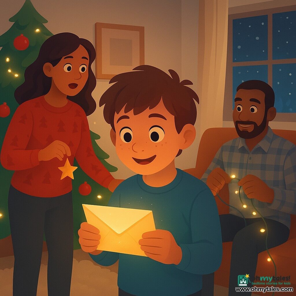 A 10-year-old boy with a round freckled face, tousled brown hair and wide curious eyes smiles, holding a slightly shimmering envelope in his trembling hands near a picture frame; to his left his mother (about 35) with loose brown hair and a red sweater with tree motifs hangs a paper star on the tree and watches in gentle surprise, and to his right his father (about 37) with a short beard and plaid shirt sits on the couch untangling a string of lights with amused eyes; the warm cozy living room has a thick cream rug, a large tree decorated with red and gold baubles and warm fairy lights, a stone fireplace with stockings and a frosted window showing a starry night and falling snow, while a small silver jingle seems to emerge from the wall near the frame and a warm, slightly sparkling envelope has just appeared on the floor, capturing the calm wonder and gentle magic of Christmas.