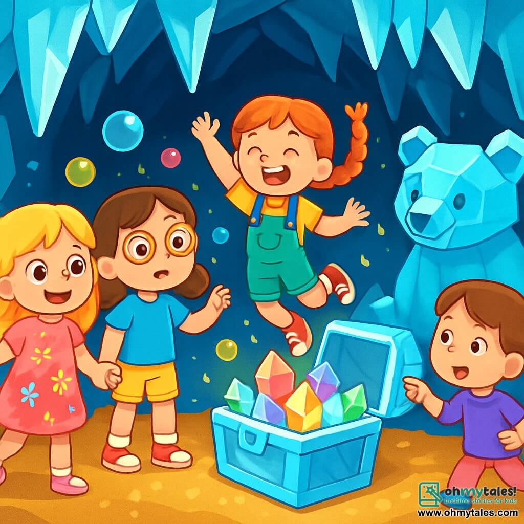 There are 4 children: - Lily: a 6-year-old girl with long blonde hair and sparkling eyes. She wears a pink dress with colorful flowers and smiles joyfully while holding her friends' hands. - Mia: a 6-year-old girl with brown pigtails and round glasses. She is dressed in a blue t-shirt and yellow shorts, looking in wonder at the bubbles floating around them. - Zoe: a 6-year-old girl with red hair in braids. She wears a green overall and red sneakers, bouncing with excitement near the entrance of the Crystal Cave. - Emma: a 6-year-old girl with brown hair in a small ponytail. She is dressed in a purple tunic and pink pants, pointing at the sparkling light of the hidden treasure. The main setting is a beautiful crystal cave, with walls sparkling like diamonds. Shimmering stalactites hang from the ceiling, and the floor is covered in golden dust that glimmers in the light. In the center of the cave, a large crystal chest is open, revealing luminous crystals of all colors, illuminating the space with a soft magical glow. The main situation of the story shows the four friends discovering the magical treasure in the Crystal Cave. They are amazed and smiling, surrounded by colorful bubbles floating around them, while the Crystal Bear watches them kindly, ready to congratulate them for their courage and friendship.
