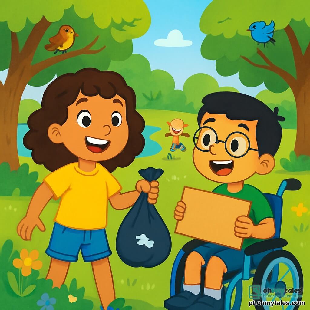 Há 2 personagens principais: Lúcia: uma menina de 7 anos com cabelos cacheados e castanhos, vestindo uma camiseta amarela e um short de jeans. Ela sorri alegremente enquanto segura um saco de lixo em uma mão. Pedro: um menino de 7 anos com cabelos curtos e pretos, sentado em uma cadeira de rodas azul. Ele usa uma camiseta verde e óculos. Ele olha para Lúcia com um grande sorriso, segurando um cartaz de papelão com a inscrição "Este é nosso parque!". O local da situação principal é um parque verdejante, cheio de árvores majestosas com folhas brilhantes. No centro, um lago brilha sob o sol, cercado por flores coloridas. Pássaros cantam nos galhos e crianças brincam alegremente na grama fresca. A situação principal da história mostra Lúcia e Pedro limpando o parque. Lúcia recolhe lixo com entusiasmo, enquanto Pedro incentiva os amigos a se juntarem a eles. A atmosfera é alegre e dinâmica, com risadas e sorrisos, simbolizando a importância de cuidar da natureza juntos.