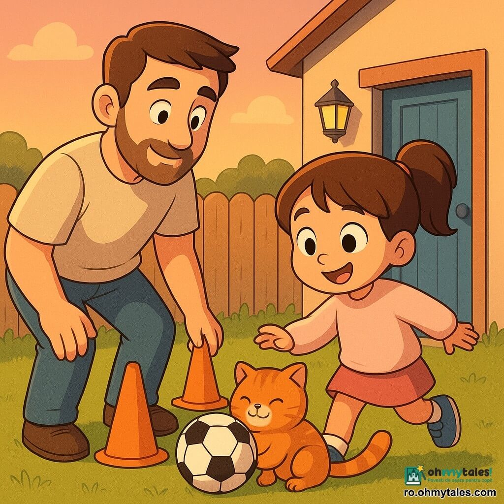O fetiță vesele și blândă (≈7 ani), păr șaten prins în coadă, poartă tricou roz pal și ghete de fotbal albastre, împinge cu piciorul o minge mare alb-neagră, privire fericită; tatăl (≈35 ani), barbă scurtă, îmbrăcat casual, stă în stânga lângă poarta curții, aranjând două conuri portocalii și uitându-se mândru la ea; o pisicuță roșcată, grațioasă și pufoasă pe nume Mia, stă lângă minge cu o labă ridicată și toarce; decor: curte mică la apus, gazon verde, gard din lemn deschis, casă cu ușă albastră și o lampă care se aprinde; scenă caldă și tandră, culori serale blânde, fetița împingând mingea spre poarta improvizată dintre conuri.