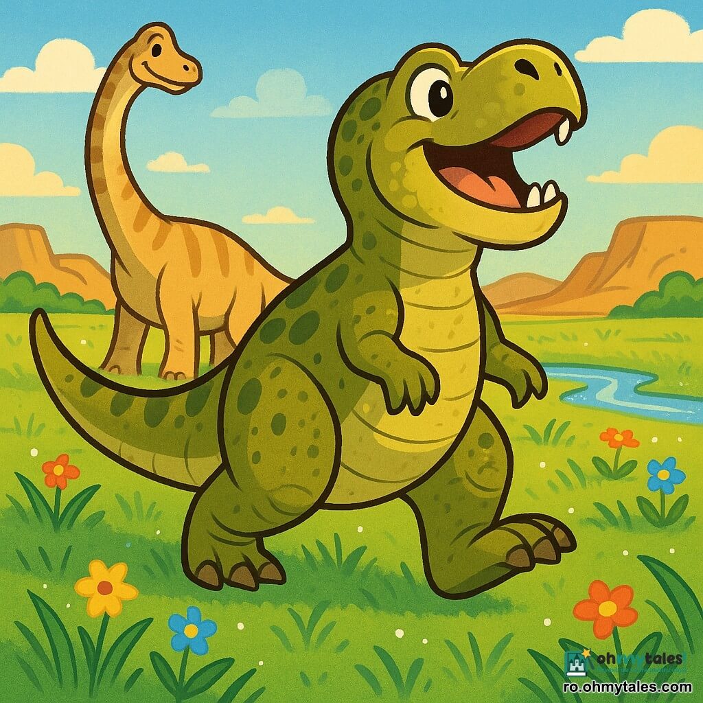 Un Tyrannosaurus Rex mâle grand et trapu, peau écailleuse vert olive tachetée, yeux brillants, expression joyeuse, levant la tête et rugissant doucement, griffes courtes, sourire amical, avançant d’un pas confiant vers une plaine verdoyante après la pluie; un brachiosaure compagnon beige à rayures brunes et long cou se tient derrière à gauche, queue balançante; herbes hautes ondulantes, fleurs colorées et rivières scintillantes reflétant un ciel lumineux, dunes poussiéreuses et rochers ocres à l’horizon; lumière douce de fin d’après-midi, ombres longues, gouttes d’eau sur les feuilles; style graphique aux couleurs saturées, contours propres et textures aquarelle numérique, composition centrée sur le Rex en plan moyen avec le brachiosaure en arrière-plan.