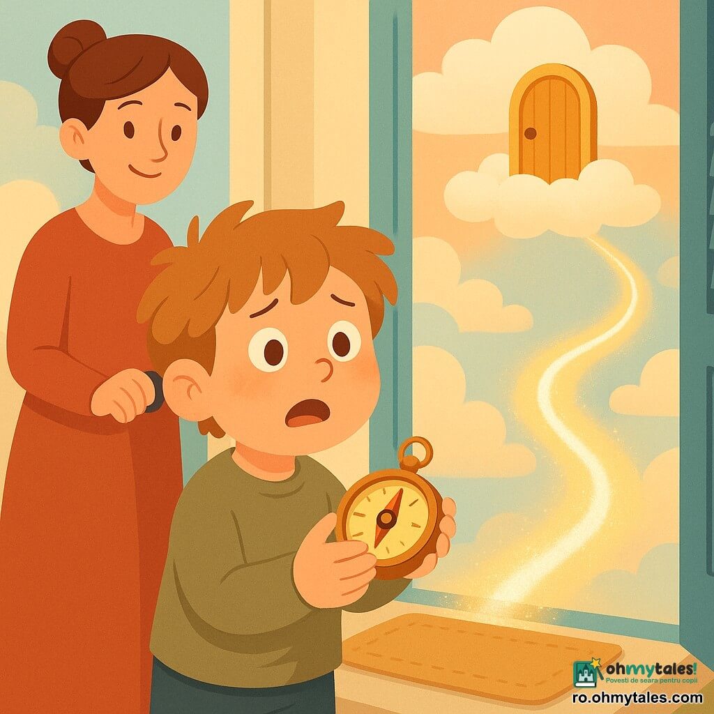 Un băiat de 6 ani cu față rotundă și păr castaniu deschis zburlit, uimit și puțin tremurând, ține o busolă mică din lemn lucios și privește o ușă aurie într-un nor; o femeie de circa 30 de ani, păr șaten prins în coc, zâmbet blând, stă ușor în spatele copilului cu mâna pe mânerul ușii casei și privire protectoare; scena pe pragul unei case cu obloane albastre și covoraș deschis, ușa deschisă spre un cer pastel plin de nori pufoși, un nor apropiat având o ușă rotundă aurie suspendată; băiatul se pregătește să treacă prin ușa de nor luminată, o bandă de lumină albă și aurie trasează un drum de la covoraș spre ușă, atmosferă magică și blândă, culori pastel (albastru cer, piersică, fildeș), nori ca bumbacul și busola din lemn lăcuit.