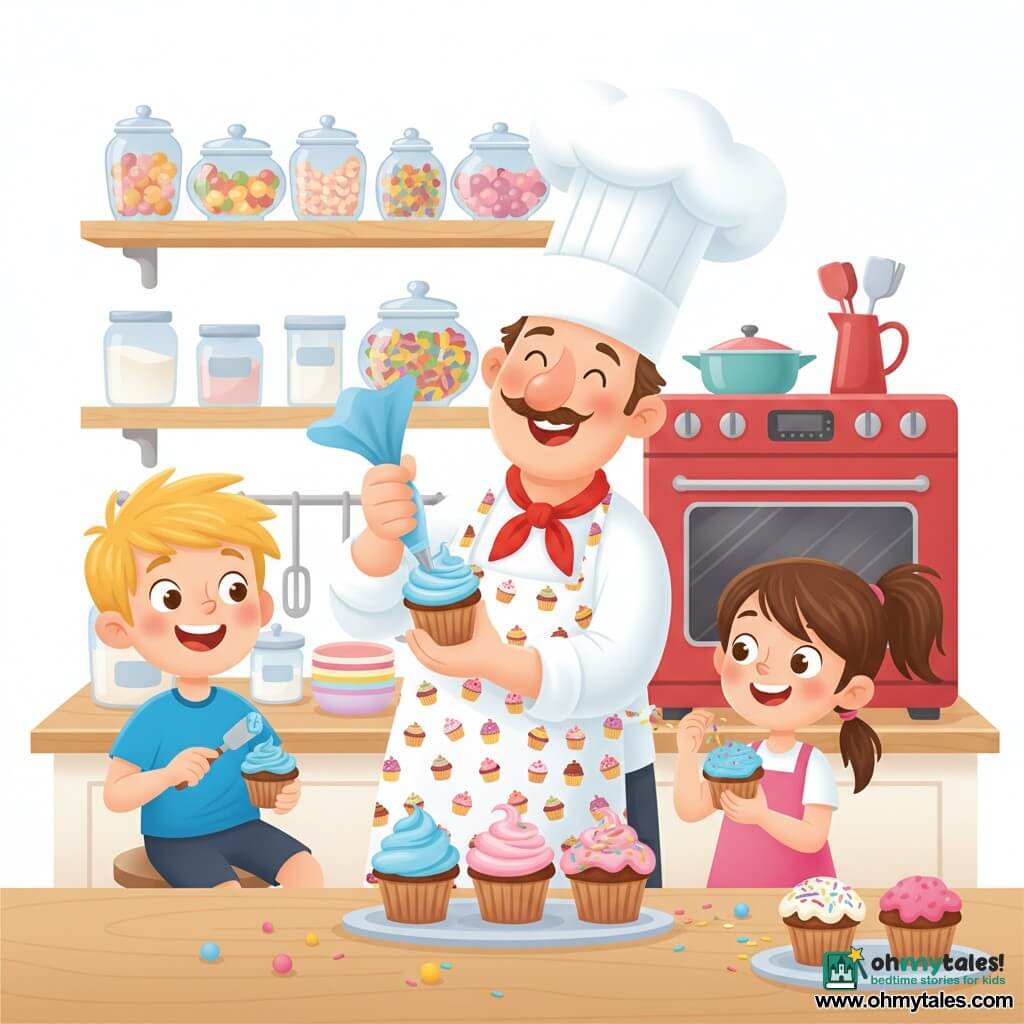 Chef Benny smiling and warm, round face with a thin mustache, tall white hat and colorful apron patterned with cupcakes, holding a blue piping bag and joyfully decorating a cupcake; Mia, about 6, brown hair in a ponytail, pink dress, eyes wide, standing to the right and adding multicolored sprinkles to a cupcake; Leo, about 6, messy blond hair, blue T‑shirt, laughing and spreading blue frosting with a small spatula while seated on a stool to the left; bright, colorful kitchen with light wood counters, clear jars of flour and sugar, shelves of candy jars and a red vintage oven; scene focused on cupcake decorating — thick frostings, swirls, sprinkles and edible confetti, joyful hands and faces, cozy playful atmosphere.