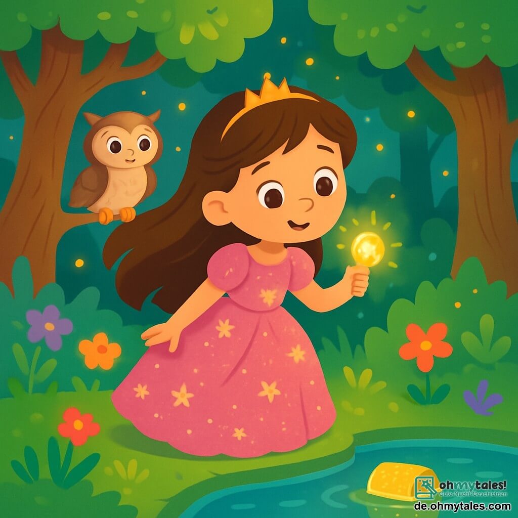 Eine Prinzessin namens Lila, etwa 8 Jahre alt, steht am Rand eines klaren Teichs, ihre langen kastanienbraunen Haare wehen im Wind. Sie trägt ein glitzerndes rosa Kleid mit goldenen Blumen und ihr Gesicht drückt Neugier und Staunen aus. Neben ihr sitzt eine kleine Eule namens Luna, mit großen runden Augen und weichen Federn, auf einem Ast und schaut weise zu Lila. Der Ort ist ein verzauberter Wald, in dem große, knorrige Bäume majestätisch aufragen, deren glänzende Blätter sanft im Wind singen. Bunte Blumen bedecken den Boden und Glühwürmchen tanzen in der Luft und erhellen die Szene mit sanftem Licht. Lila hält ein leuchtendes Amulett in der Hand, während sie sich vorbeugt, um ihr Spiegelbild im Wasser zu bewundern, wo ein wunderschönes goldenes Etui am Grund funkelt. Lila und Luna sind von einer magischen Atmosphäre umgeben, voller Geheimnisse und Abenteuer.