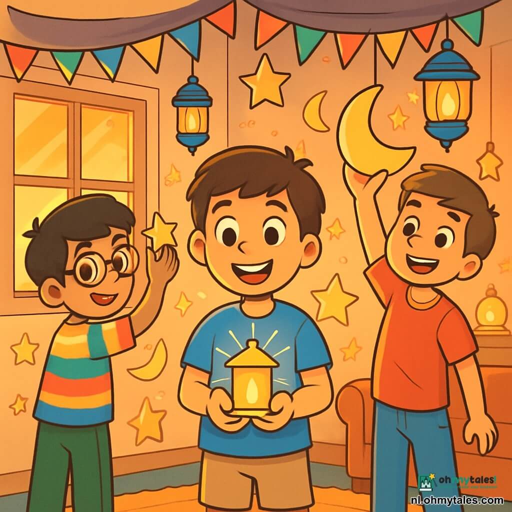 Er zijn 3 personages: - Amir: een 10-jarig jongen met bruin haar en sprankelende ogen. Hij draagt een blauwe t-shirt en een beige short. Hij staat in het midden met een klein, glinsterend magisch licht in zijn handen. - Samir: een 10-jarig jongen met zwart haar en ronde brillen. Hij draagt een kleurrijk gestreept shirt en groene broek. Hij staat links van Amir en plakt papieren sterren op de muur. - Hasan: een 10-jarig jongen met kastanjebruin haar en een stralende glimlach. Hij draagt een rode t-shirt en een spijkerbroek. Hij staat rechts van Amir en houdt een grote papieren maan vast die hij net aan het plafond heeft gehangen. De scène speelt zich af in de gezellige woonkamer van Amir, versierd met kleurrijke slingers, fonkelende lantaarns en glanzend papier. De muren zijn versierd met tekeningen van sterren en manen, en de vloer is bedekt met een zacht en pluizig tapijt. Een groot raam laat het gouden licht van de zonsondergang binnen, wat een magische sfeer creëert. De hoofd situatie toont de drie vrienden die de kamer versieren voor de Ramadan, met stralende glimlachen op hun gezichten. Hun handen zijn bezig met het ophangen van versieringen, terwijl het kleine magische licht in het midden van de scène straalt en hun werk verlicht, wat een vleugje magie toevoegt aan de vrolijke sfeer.