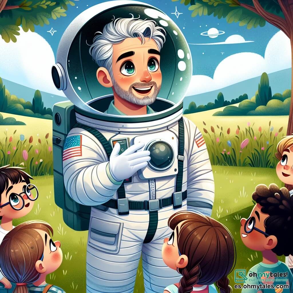 Un hombre, el astronauta Hugo, se encuentra en el centro de la imagen, sonriendo con ojos brillantes de emoción. Lleva un traje espacial blanco con detalles de colores, y su casco está ligeramente retirado, revelando su cabello canoso y su rostro cálido. A su alrededor, un grupo de cuatro niños, dos chicos y dos chicas, lo escucha con asombro. Leo, un niño de 8 años con cabello castaño y ojos brillantes, levanta la mano para hacer una pregunta, mientras Ana, una niña de 7 años con trenzas, mira a Hugo con admiración. Sofía, una niña de 9 años con gafas redondas, toma notas en un pequeño cuaderno, y Mateo, un niño de 6 años con una camiseta de planetas, sonríe ampliamente, cautivado por las historias del astronauta. La escena tiene lugar en un campo verde, bajo un gran roble, con un cielo azul claro salpicado de algunas nubes blancas. En el fondo, se ven estrellas brillantes que comienzan a aparecer al atardecer, añadiendo un toque mágico a la atmósfera. Hugo cuenta sus aventuras espaciales a los niños, que están sentados en círculo a su alrededor, con sus rostros iluminados por la curiosidad y el asombro, mientras imaginan las maravillas del espacio.