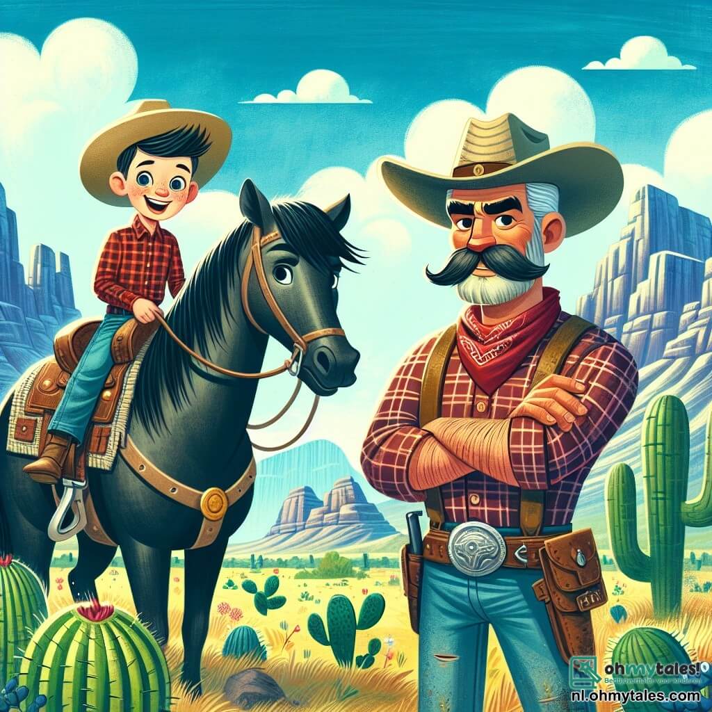 Op de voorgrond staat een cowgirl genaamd Lily, ongeveer 10 jaar oud, trots op haar zwarte paard Bliksem. Ze draagt een beige cowboyhoed, een rood geruit shirt en versleten jeans, met een grote glimlach op haar gezicht die haar vastberadenheid en enthousiasme toont. Naast haar staat een cowboy met een grote snor, ongeveer 30 jaar oud, genaamd Hank, die met een schep in de grond graaft, zijn spieren gespannen onder zijn blauwe shirt. Hij kijkt Lily bewonderend aan, onder de indruk van haar moed. Een sluwe bandiet, ongeveer 25 jaar oud, met een rode bandana om zijn nek, staat iets op de achtergrond en observeert nieuwsgierig de scène, klaar om te helpen. De scène speelt zich af in een zonnige vallei, omringd door majestueuze bergen en cactussen, met een stralende blauwe lucht en enkele zwevende witte wolken. In de verte zie je een glinsterende rivier die door het landschap slingert. De belangrijkste situatie toont Lily, vol moed, die een alliantie voorstelt tussen de cowboys en de bandieten om de goudschat die ze hebben ontdekt te beschermen, wat de teamgeest en vriendschap illustreert die zich in dit spannende avontuur vormen.