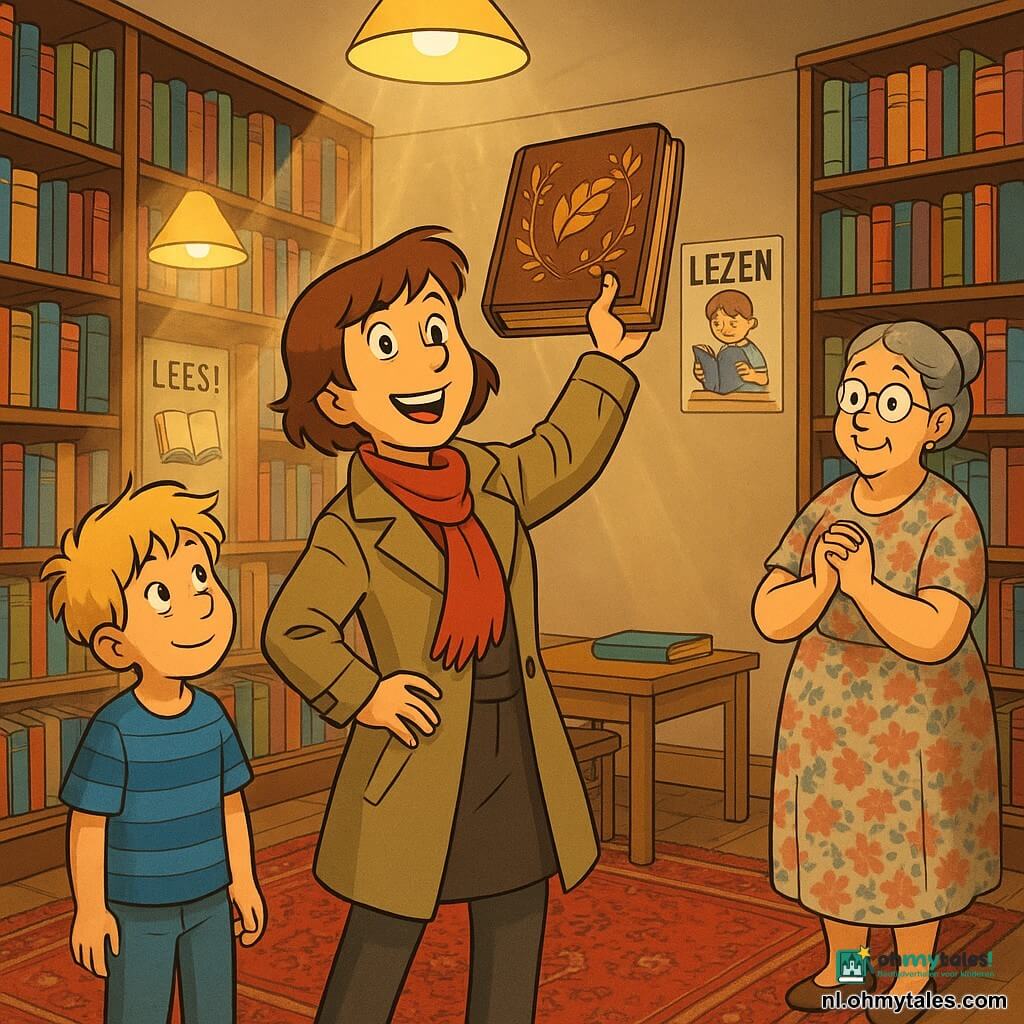 Rechercheur Nora, glimlachend met heldere ogen en kort kastanjebruin haar, draagt een licht kaki mantel en een rode sjaal, triomfantelijk een groot oud bruin boek met gouden bladeren van een donkere houten plank trekkend; jongen Timmy, ongeveer 8 jaar, warrig blond haar en een blauw gestreept T-shirt, kijkt vol bewondering links bij een klein leestafeltje; bibliothecaresse mevrouw Wijngaard, rond de 60, grijs haar in een knot, ronde bril en bloemeneffect jurk, staat rechts met samengevouwen handen, zichtbaar opgelucht en ontroerd; kleine dorpsbibliotheek met warme gele lampen, zichtbare stofdeeltjes en een rood Perzisch tapijt, compositie gericht op de handeling met zachte perspectieven en warme kleuren.