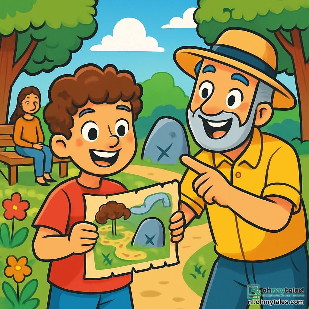 Een 10-jarig jongen met kastanjebruin, krullend haar en sprankelende ogen staat in een zonnig park. Hij draagt een felrode t-shirt en een blauwe short, en zijn gezicht straalt vreugde en opwinding uit terwijl hij een schatkaart vasthoudt. Naast hem staat zijn oom Karel, een man van in de vijftig met een grijs baard en een strohoed, die breed glimlacht terwijl hij naar een grote steen op de kaart wijst. Op de achtergrond kijkt zijn moeder, een vrouw van in de veertig met lang bruin haar, trots toe terwijl ze op een bank zit. Het park is groen met majestueuze bomen, kleurrijke bloemen en een stralende blauwe lucht, wat een vrolijke en gastvrije sfeer creëert. De hoofdscène toont de jongen die een schatkaart ontdekt, klaar om op avontuur te gaan met zijn oom en moeder, omringd door lachen en geluk.