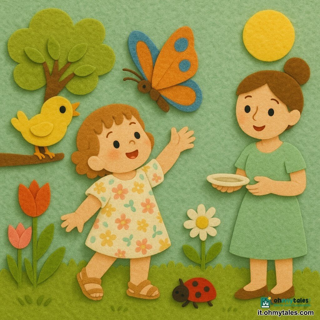 Bambina di 2 anni, gioiosa e meravigliata, volto rotondo e capelli corti e ricci castano chiaro, in vestitino floreale pastello e sandali, tende la mano verso una grande farfalla arancione e blu; alla sua destra la madre di circa 30 anni, sorriso dolce, capelli raccolti in uno chignon e abito color menta, la chiama tenendo un piccolo piatto; un pulcino giallo su un ramo basso a sinistra osserva con il becco aperto e una coccinella rossa a puntini neri cammina sull'erba; giardino primaverile luminoso con prato verde dalla texture feltro, tulipani e margherite, un alberello dalle foglie verde tenue e cielo azzurro pallido con sole giallo tondo nell'angolo, atmosfera dolce, colori vivaci e forme semplici in stile feltro.