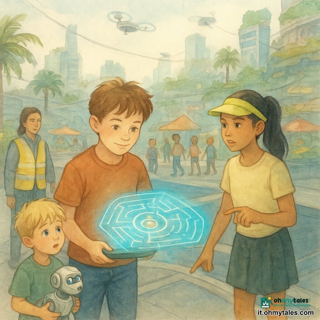 Luca, ragazzo di circa 12 anni, volto rotondo, capelli castano corti e spettinati, sguardo concentrato e sereno, sorride leggermente mentre attiva con un piccolo proiettore piatto un gioco olografico luminoso al centro di una piattaforma triangolare; Nira, ragazza di circa 12 anni, pelle olivastra, capelli neri raccolti con una visiera fluorescente, vivace e attenta, sta accanto a Luca e indica qualcosa sul parapetto; Teo, ragazzo di circa 10 anni, capelli biondi arruffati, sguardo ammirato, tiene al guinzaglio un robot‑cane metallico ed è in fila a sinistra di Luca; una guardiana adulta di circa 35 anni con giacca riflettente, calma e autoritaria, osserva la scena vicino a una navetta; il luogo è una piattaforma triangolare grigia flottante su un bacino scuro, collegata da passerelle trasparenti, con mercati galleggianti, tende colorate, fioriere sospese, palme in vaso, droni in volo e grattacieli verdeggianti sullo sfondo; il gioco olografico sta emergendo con linee e cerchi luce turchese‑oro che formano un labirinto, bambini in fila ordinata e altri che avanzano lentamente all’interno in un’atmosfera di calma condivisa e collaborazione.