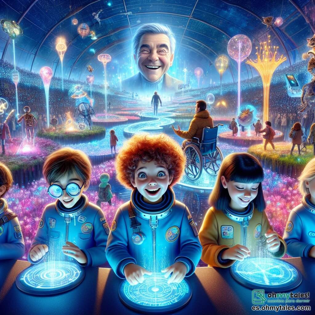 Cuatro amigos de siete años están en el centro de un parque futurista llamado el Parque de Las Estrellas. Sofía, con cabello rizado y pelirrojo, lleva un traje de exploración azul y sonríe entusiasmada. A su derecha, Leo, un niño de gafas redondas y cabello castaño, manipula un gadget brillante con ojos llenos de inventiva. Max, un niño alegre con cabello rubio y una gran sonrisa, está en su silla de ruedas voladora, rodeado de burbujas coloridas. Finalmente, Carla, con cabello largo y negro, está inclinada sobre un libro holográfico, fascinada por las estrellas que brillan a su alrededor. El parque está lleno de plantas luminosas y esculturas futuristas, con caminos flotantes y juegos interactivos. En el fondo, una enorme pantalla holográfica muestra el rostro sonriente del famoso inventor, el señor Zumbido, que los llama a una aventura. Los niños escuchan atentamente el mensaje del señor Zumbido, ansiosos por descubrir su misión especial, mientras estrellas brillantes danzan a su alrededor, creando una atmósfera mágica y llena de promesas.