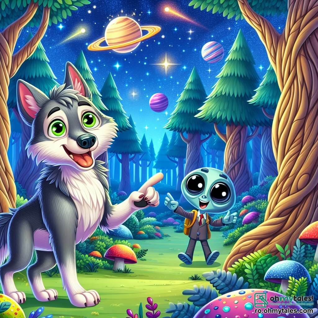 Într-o pădure magică, un lup pe nume Lupo, cu blană gri strălucitoare și ochi verzi plini de curiozitate, stă în centrul scenei, zâmbind cu uimire în timp ce descoperă o mică navetă spațială strălucitoare. Lângă el, un extraterestru pe nume Zorax, cu piele albastră și ochi negri mari și rotunzi, își exprimă bucuria și entuziasmul, arătând spre navetă în timp ce plutește ușor deasupra solului. În fundal, copaci uriași cu trunchiuri noduroase și frunze strălucitoare de culori vii înconjoară scena, în timp ce un cer înstelat se întinde deasupra, presărat cu planete colorate. Situația principală arată întâlnirea dintre Lupo și Zorax pentru prima dată, uimiți de tehnologia extraterestră, pregătiți să trăiască o aventură incredibilă împreună în acest mediu fermecător.