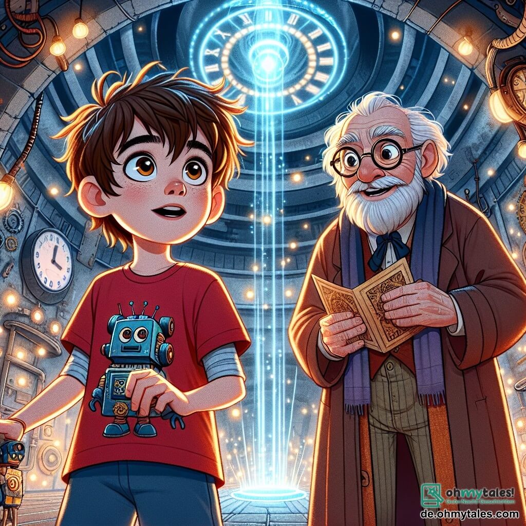 Ein 10-jähriger Junge namens Max steht in der Mitte des Bildes, mit zerzausten braunen Haaren und neugierigen Augen. Er trägt ein rotes T-Shirt mit einem Roboteraufdruck und eine blaue Shorts, und lächelt aufgeregt, während er einen kleinen Spielzeugroboter in einer Hand hält. Neben ihm steht ein älterer Mann, Professor Chronos, etwa 70 Jahre alt, mit einem langen weißen Bart und runden Brillen. Er trägt einen Laborkittel und schaut Max mit einem wohlwollenden Lächeln an, während er in der anderen Hand eine alte Karte hält. Die Szene spielt sich in einem großen, runden Raum ab, gefüllt mit seltsamen Maschinen und funkelnden Lichtern, mit einer riesigen Uhr an der Decke, die rückwärts läuft. Zahnräder und Ziffernblätter schmücken die Wände und schaffen eine magische, geheimnisvolle Atmosphäre. Max und Professor Chronos bereiten sich darauf vor, in eine leuchtende Zeitmaschine einzutreten, die in lebhaften Farben schimmert, während Energiestrahlen um sie herumtanzen. Auf ihren Gesichtern spiegeln sich Aufregung und Vorfreude wider, bereit, ein unglaubliches Abenteuer durch die Zeiten zu erleben.