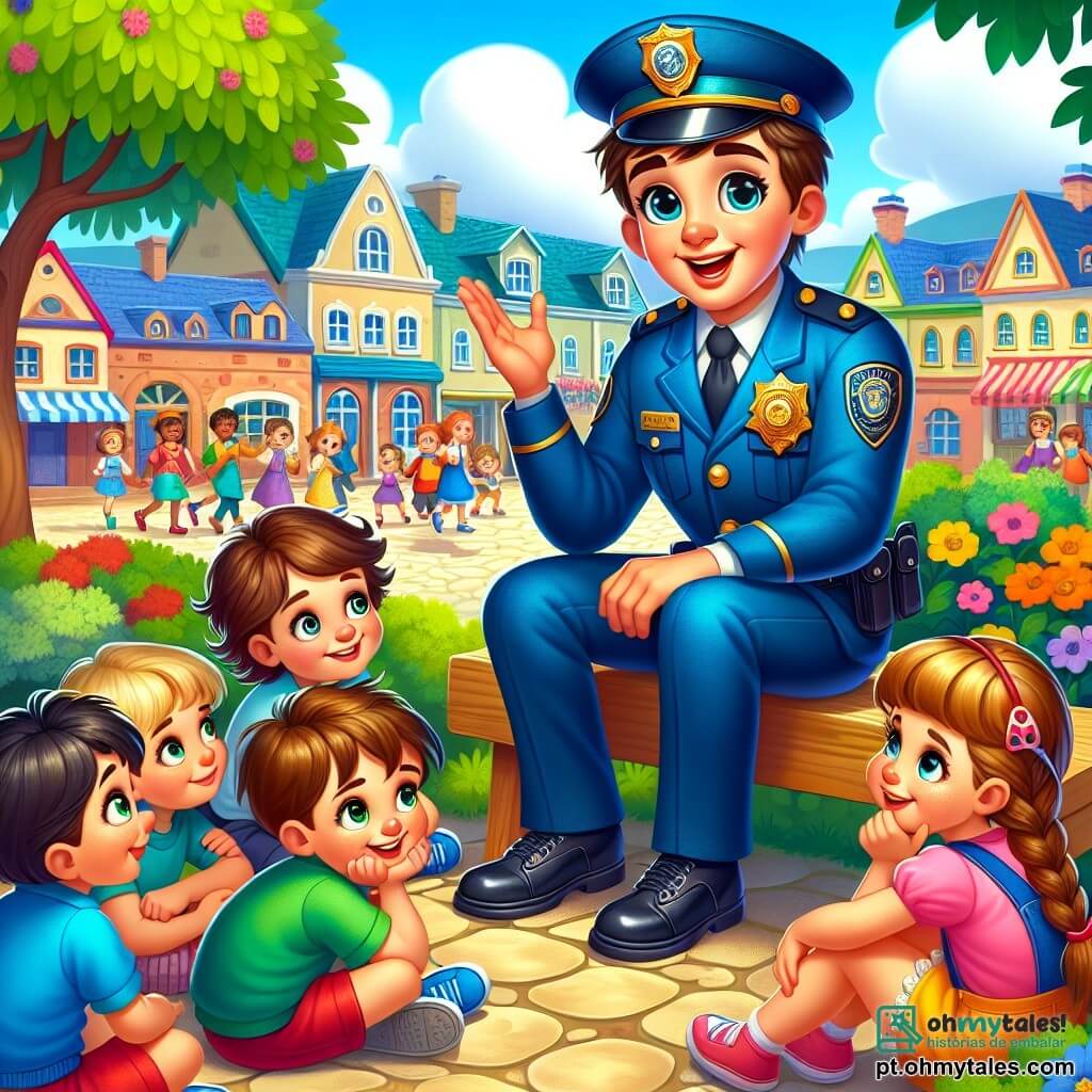 Um policial, o Sargento Almeida, sorridente e bondoso, veste um uniforme azul vibrante com um distintivo brilhante no peito. Ele tem cabelo castanho curto e olhos brilhantes de alegria. Ele está sentado em um banco em uma bela praça, cercado por crianças, contando uma história cativante. Lucas, um garoto de 8 anos com cabelo bagunçado e olhos curiosos, está sentado no chão, ouvindo atentamente. Sofia, uma menina de 7 anos com tranças e um sorriso radiante, está ao seu lado, fascinada pela história. Clara, outra menina de 9 anos, está em pé, com os braços cruzados, ansiosa para fazer uma pergunta. A cena acontece em uma charmosa praça de vila, com árvores verdes, flores coloridas e um céu azul brilhante. Crianças brincam ao redor, criando uma atmosfera alegre. O Sargento Almeida narra uma aventura emocionante em que salvou um cachorro preso em uma árvore, cativando a atenção das crianças com gestos expressivos e um sorriso caloroso.