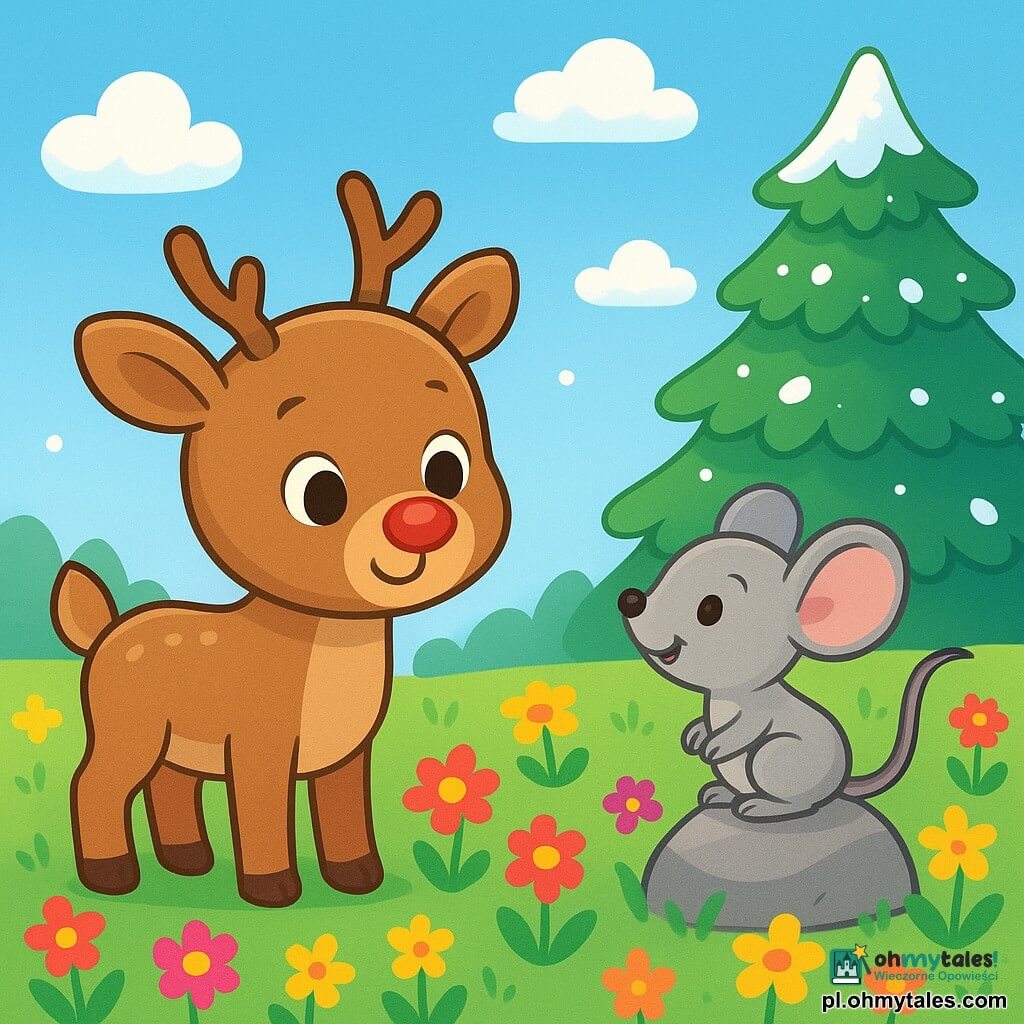 Młody renifer o imieniu Rudolf, z miękkim brązowym futrem i błyszczącymi z ciekawości oczami, stoi w centrum sceny, z zachwytem patrząc na piękną łąkę pełną kolorowych kwiatów. Po jego prawej stronie mała szara myszka z dużymi uszami i figlarnym uśmiechem wspina się na kamień, z entuzjazmem obserwując Rudolfa. W tle majestatycznie wznosi się duża zielona jodła, jej gałęzie obciążone błyszczącym śniegiem, pod jasnoniebieskim niebem usianym puszystymi białymi chmurami. Scena emanuje radosną i wesołą atmosferą, podczas gdy Rudolf szykuje się do eksploracji tej wspaniałej łąki, pełen ekscytacji i przygody.