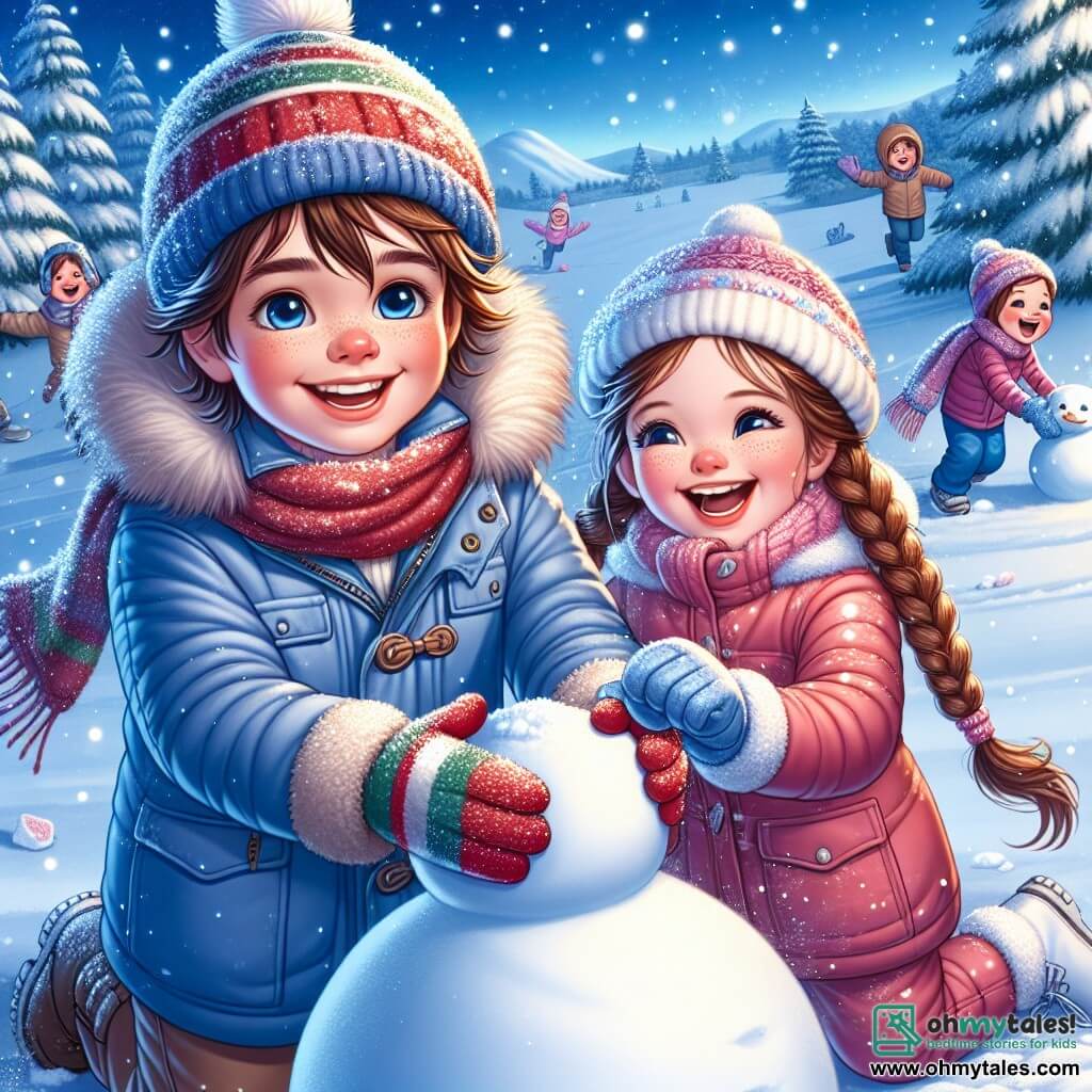 An 11-year-old boy named Oliver stands at the center of the scene, with a big smile on his face. He has messy brown hair, rosy cheeks from the cold, and is wearing a thick blue coat, a red hat, and colorful gloves. He is rolling a snowball to build a large snowman. Next to him, his 6-year-old sister Mia is laughing joyfully. She has long braided brown hair, sparkling eyes, and is dressed in a pink snow suit with white boots. She is crouched down, hands full of snow, ready to make a snowball. In the background, there is a charming winter landscape: a large blue sky dotted with white clouds, trees covered in sparkling snow, and a gentle hill where other children are sledding. The main scene shows Oliver and Mia building a snowman, surrounded by laughter and softly falling snowflakes, capturing the magic and joy of winter.