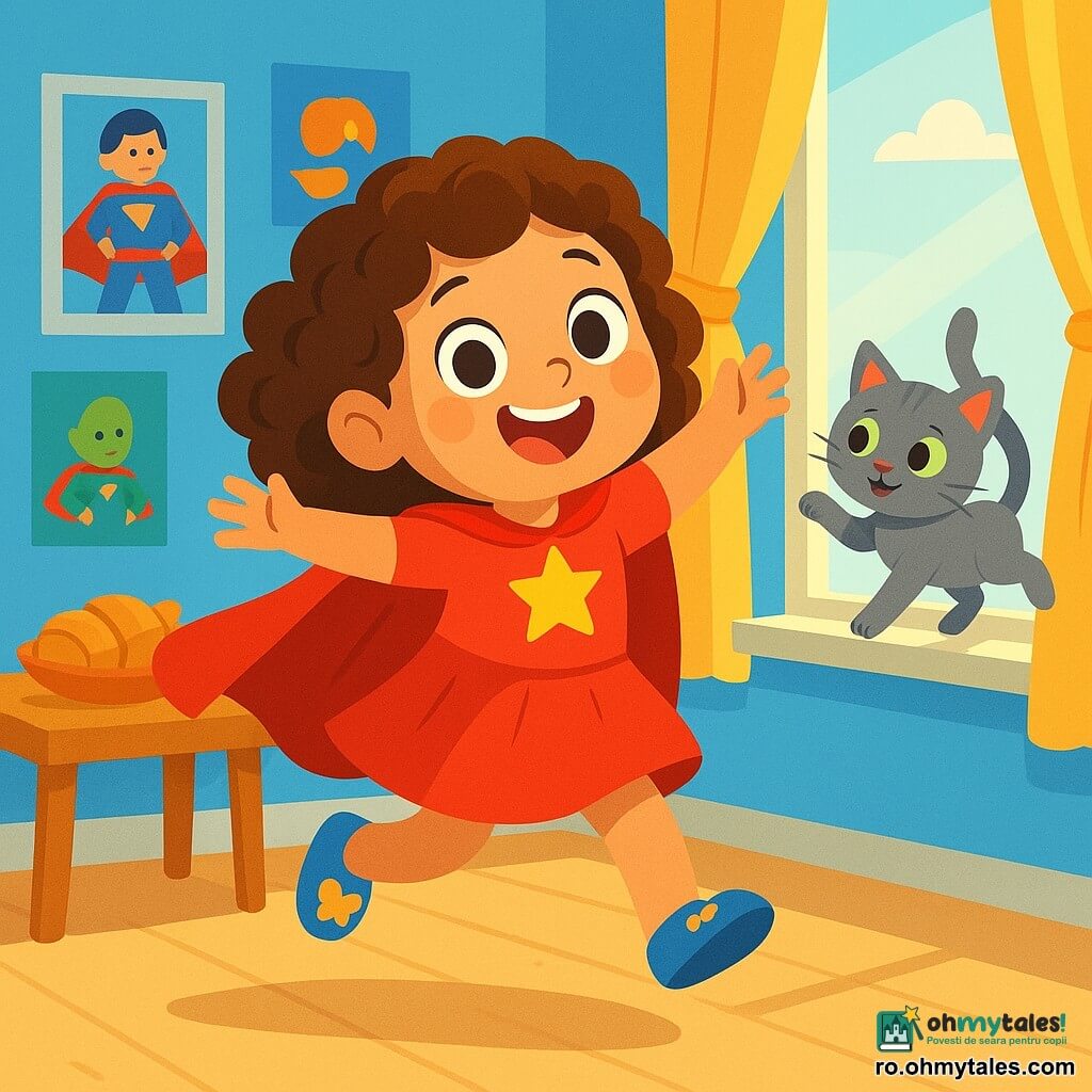 Super-Mina, o fetiță cu păr creț și ochi jucăuși, poartă o pelerină roșie strălucitoare și fluturi în formă de bulă pe pantofi. Ea sare veselă, zâmbind, pregătită pentru aventură. Lângă ea, o pisicuță gri cu ochi verzi dansează pe pervazul feronierului, adăugând un strop de magie scenei. Decorul este o cameră colorată, cu pereți vopsiți în albastru cer și postere cu supereroi, iar o masă plină de brioșe apetisante. Lumina soarelui pătrunde prin perdea, creând umbre blânde pe podea. Super-Mina, plină de energie, este gata să pornească într-o nouă aventură amuzantă, în timp ce pisicuța pare să o încurajeze să facă primul pas.