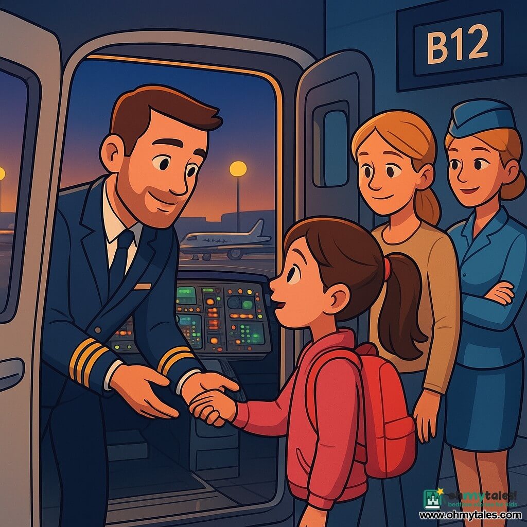 A calm, smiling male pilot with short brown hair, light beard and a navy uniform with gold stripes leans forward, offering his hand to a curious 9-year-old girl with a brown ponytail, large eyes, pink jacket and backpack as she stands at the open airplane door and marvels at the cockpit’s dense dashboard of colorful buttons, green screens and red indicators; her mother, about 35 with tied blond hair and casual clothes, stands just behind with a tender smile and hand on the girl’s shoulder, while a friendly female flight attendant in a light-blue uniform watches with crossed arms; scene at boarding gate B12 at dusk through large windows showing lit runways, yellow lamps and parked silver planes, reflective gray tiled floor and waiting chairs; warm, reassuring lighting contrasts with deep blue sky; style: 3D cel-shaded cartoon, vivid colors, simple volumes, smooth textures, readable warm expressions.