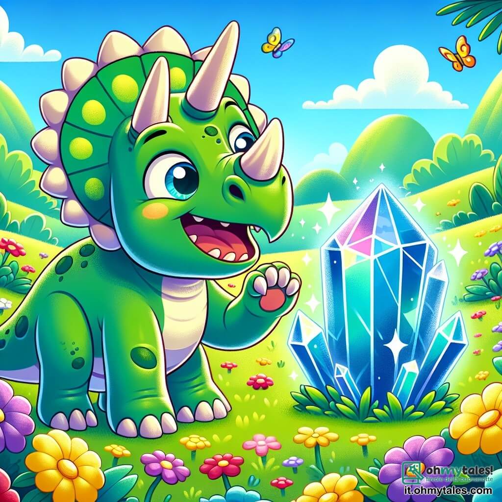 Un tricératops di nome Tico, con una pelle verde brillante e tre maestose corna sulla fronte, sorride felicemente scoprendo un grande cristallo blu scintillante nel mezzo di un giardino colorato. Accanto a lui, il cristallo, luminoso e magico, emette bagliori di luce, come se fosse vivo, e sembra rispondere a Tico con un'espressione amichevole. Il giardino è pieno di fiori multicolori, con farfalle che volano intorno, e sullo sfondo si vedono montagne verdi sotto un cielo azzurro chiaro. Tico sta toccando il cristallo con la zampa, meravigliato dalla sua bellezza, mentre dinosauri curiosi si avvicinano per ammirare il giardino incantevole che non hanno mai visto prima.