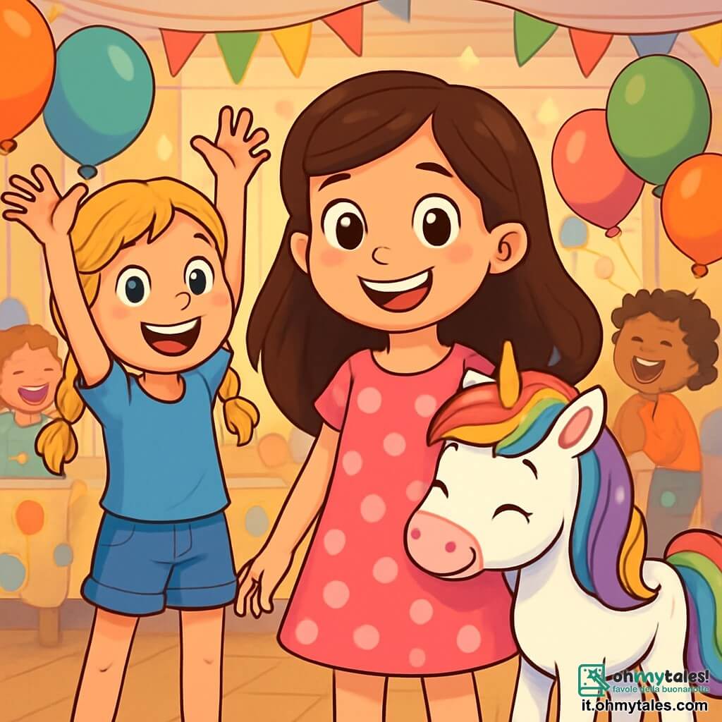 Ci sono 3 personaggi: - Sofia: una ragazza di 10 anni con lunghi capelli castani e occhi brillanti. Indossa un vestito rosa a pois bianchi e un grande sorriso. È al centro dell'immagine, circondata dai suoi amici. - Giulia: una ragazza di 10 anni con capelli biondi intrecciati e occhi blu brillanti. Indossa una maglietta blu e pantaloni di jeans. È accanto a Sofia, alzando le braccia in segno di entusiasmo. - Stella: un piccolo unicorno bianco con una criniera arcobaleno scintillante. È accanto a Sofia, abbassando la testa per farsi accarezzare, con un'espressione amichevole e gioiosa. La scena si svolge in una sala festiva colorata, piena di palloncini multicolori che fluttuano dal soffitto e festoni. Sullo sfondo, un grande tavolo è coperto da una tovaglia a motivi allegri, con una enorme torta al cioccolato decorata con candele scintillanti. I bambini giocano intorno, ridendo e divertendosi. La situazione principale mostra Sofia, Giulia e Stella che celebrano il decimo compleanno di Sofia, circondati da risate e gioia, con lampi di luce e colori vivaci che evocano la magia dell'infanzia.