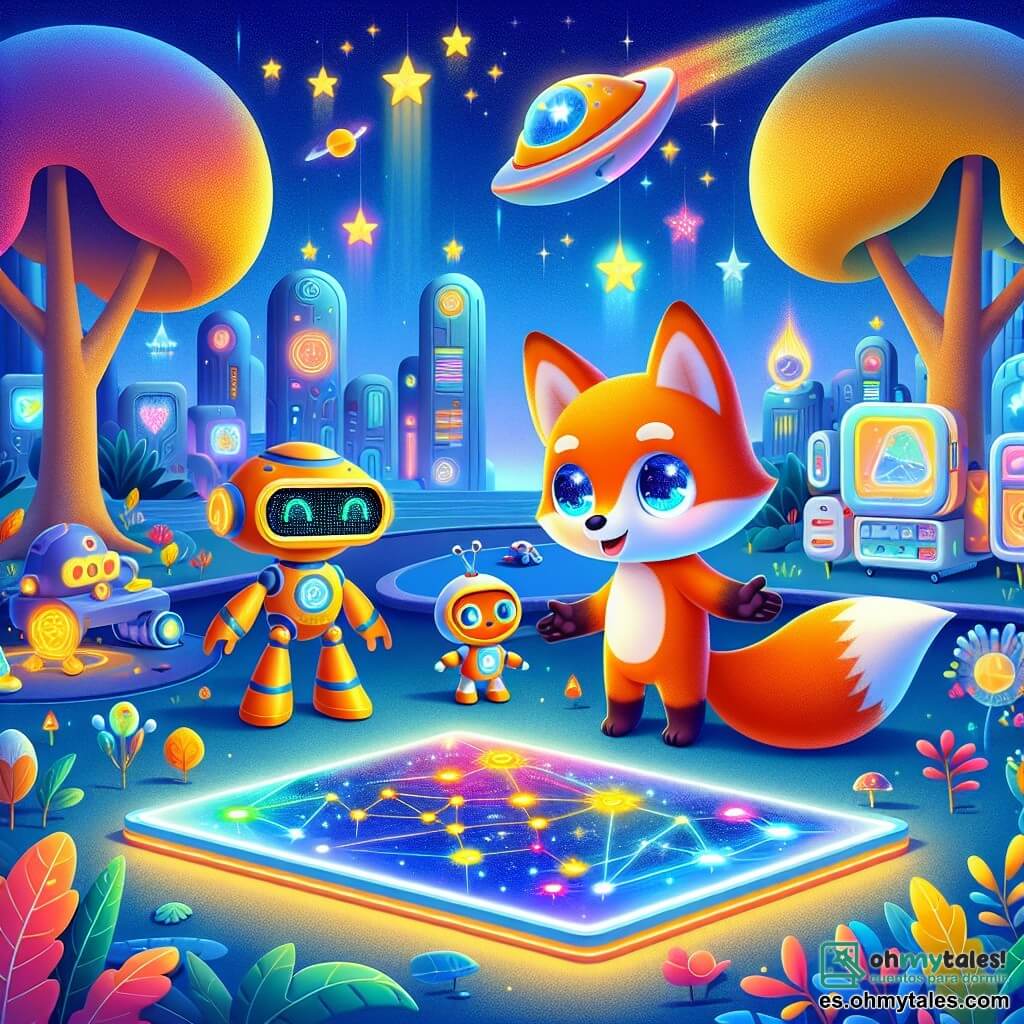 Zippy, un pequeño zorro de pelaje naranja brillante y ojos llenos de curiosidad, se encuentra en el centro de un parque futurista, sonriendo con asombro. Explora un holograma colorido que flota frente a él, con sus pequeñas patas levantadas con emoción. A su lado, Rolo, un robot amigable de formas redondeadas y luces brillantes, observa a Zippy con una sonrisa cálida. Lumi, otro robot, se queda un poco atrás, sosteniendo un gran libro holográfico sobre las estrellas, con una expresión de concentración y alegría. El parque está lleno de plantas luminosas de colores vibrantes, árboles con hojas brillantes y juegos holográficos flotando en el aire. Coches voladores pasan por encima, añadiendo dinamismo al entorno. La escena principal muestra a Zippy descubriendo un holograma de constelación, rodeado de sus amigos robots, todos maravillados por la magia de TechnoCiudad, donde la tecnología y la naturaleza se encuentran en armonía.